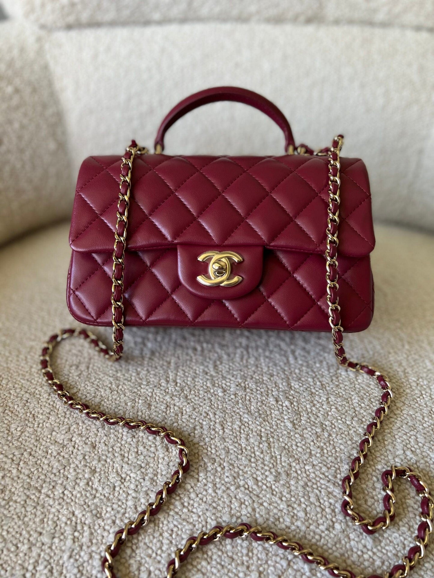 22A Mini Burgundy Lambskin Quilted Single Flap with Top handle Light Gold Hardware