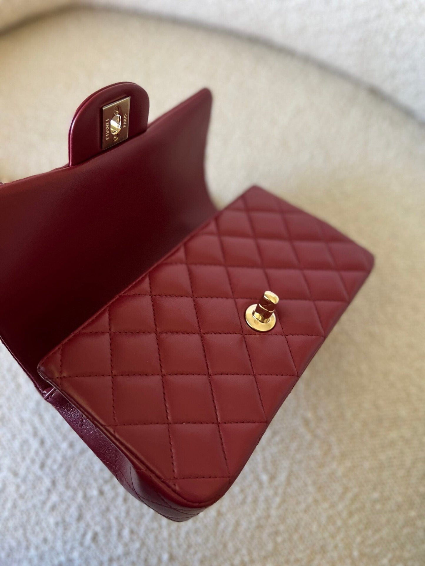 22A Mini Burgundy Lambskin Quilted Single Flap with Top handle Light Gold Hardware