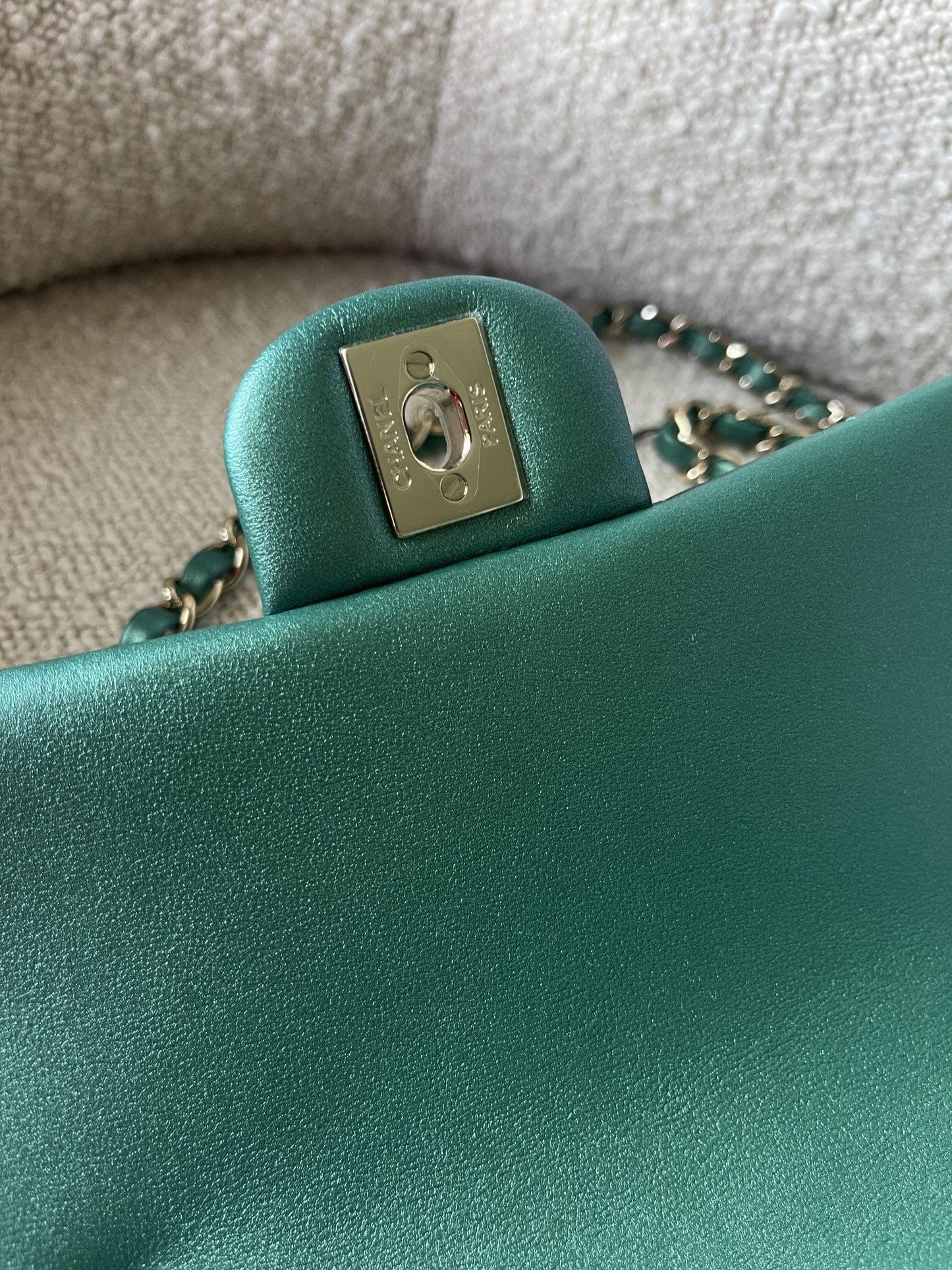 22A Mini Rectangular Iridescent Green Lambskin Quilted Single Flap LGHW