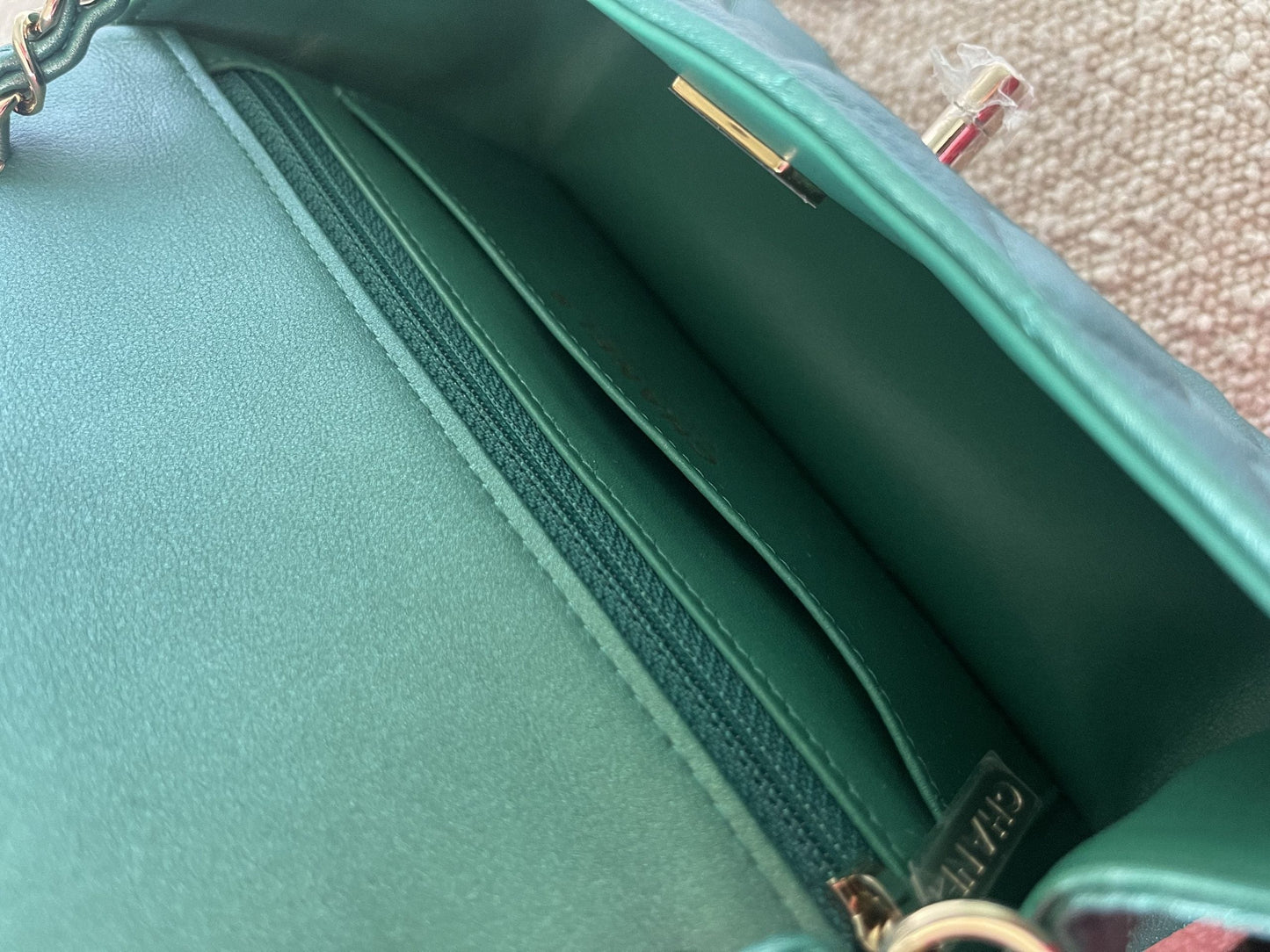 22A Mini Rectangular Iridescent Green Lambskin Quilted Single Flap LGHW