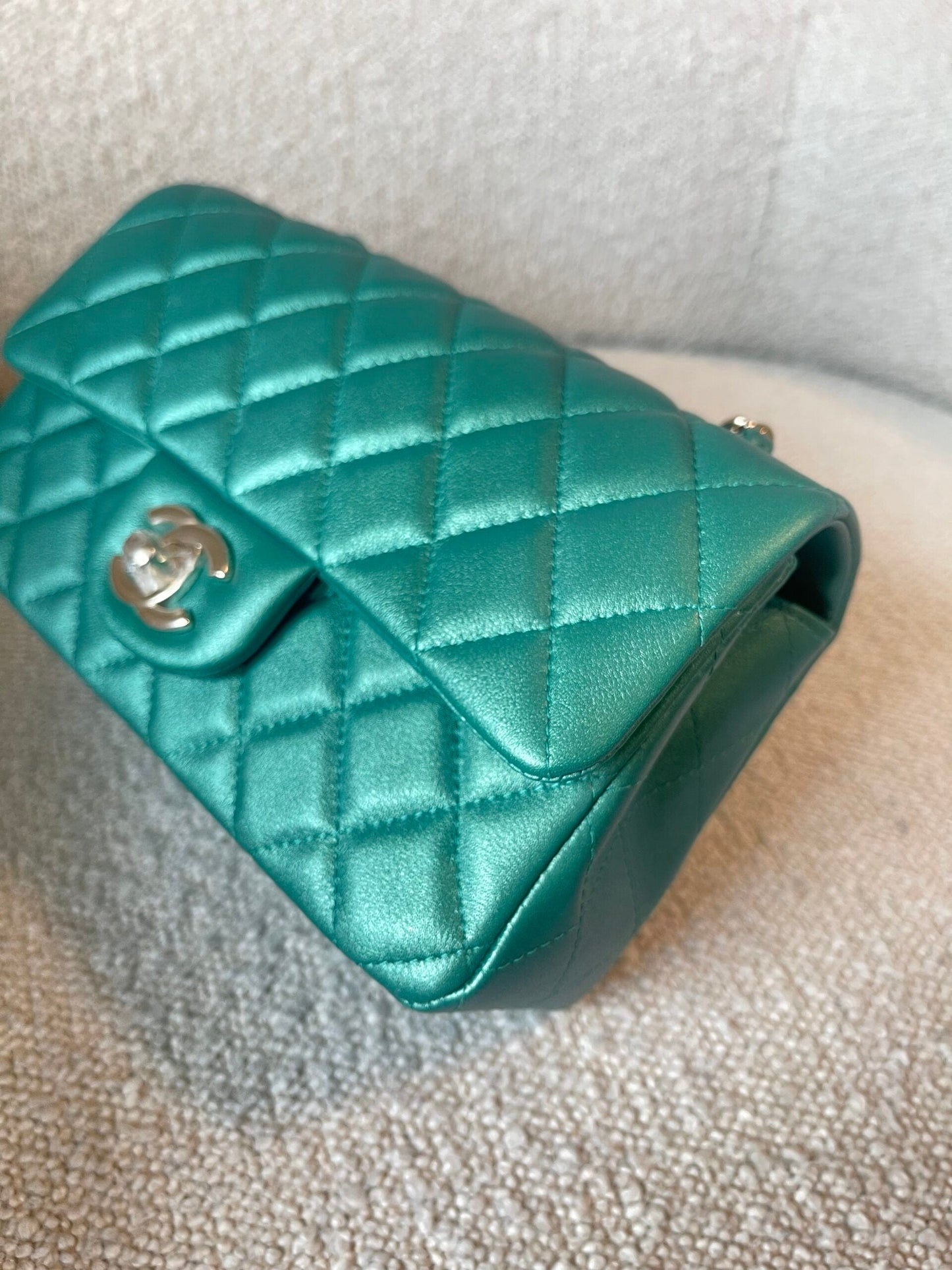 22A Mini Rectangular Iridescent Green Lambskin Quilted Single Flap LGHW