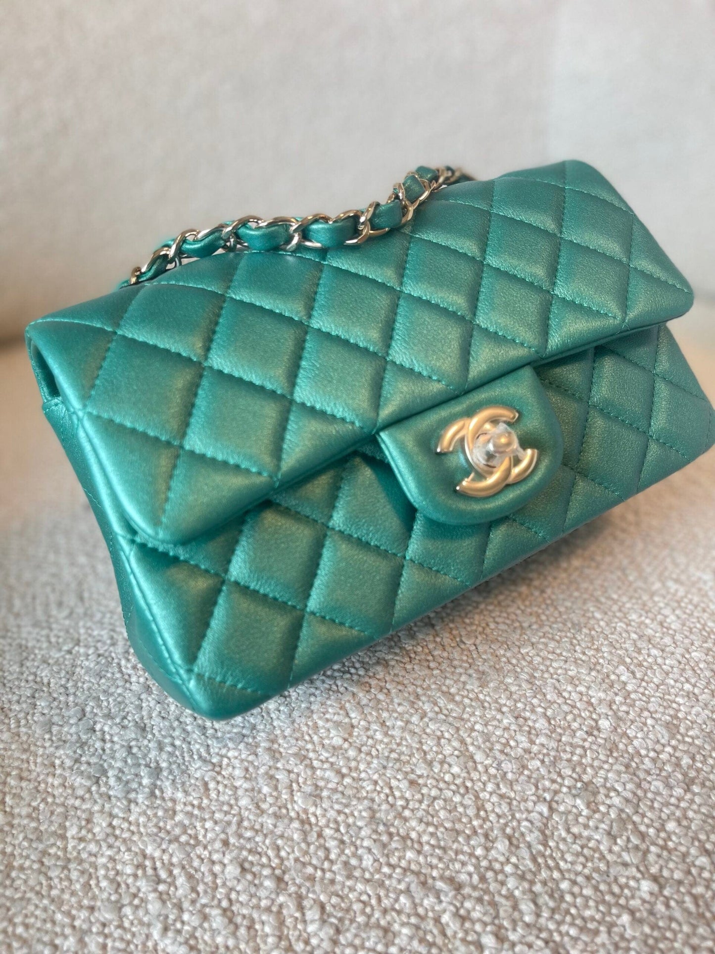 22A Mini Rectangular Iridescent Green Lambskin Quilted Single Flap LGHW