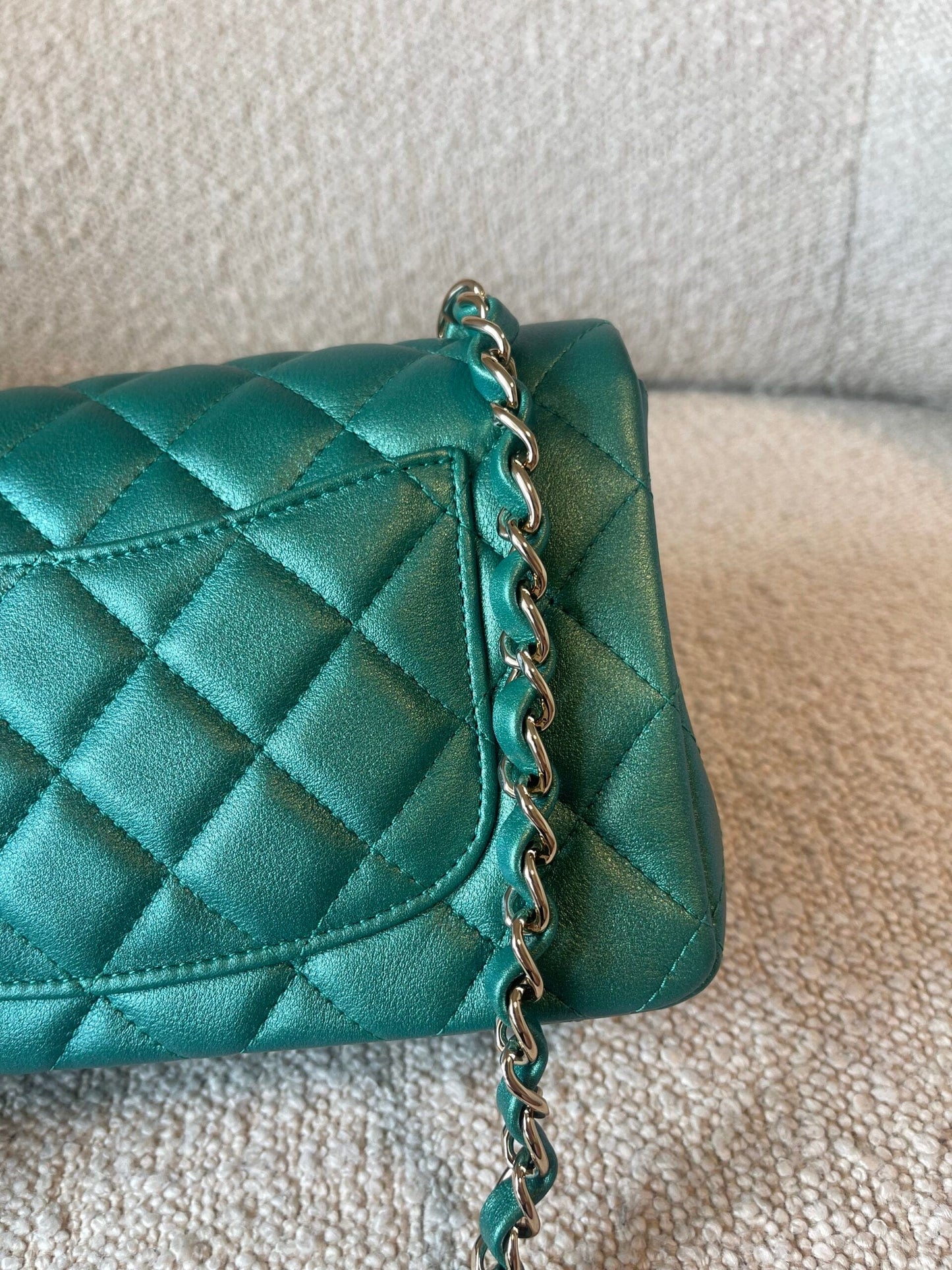 22A Mini Rectangular Iridescent Green Lambskin Quilted Single Flap LGHW