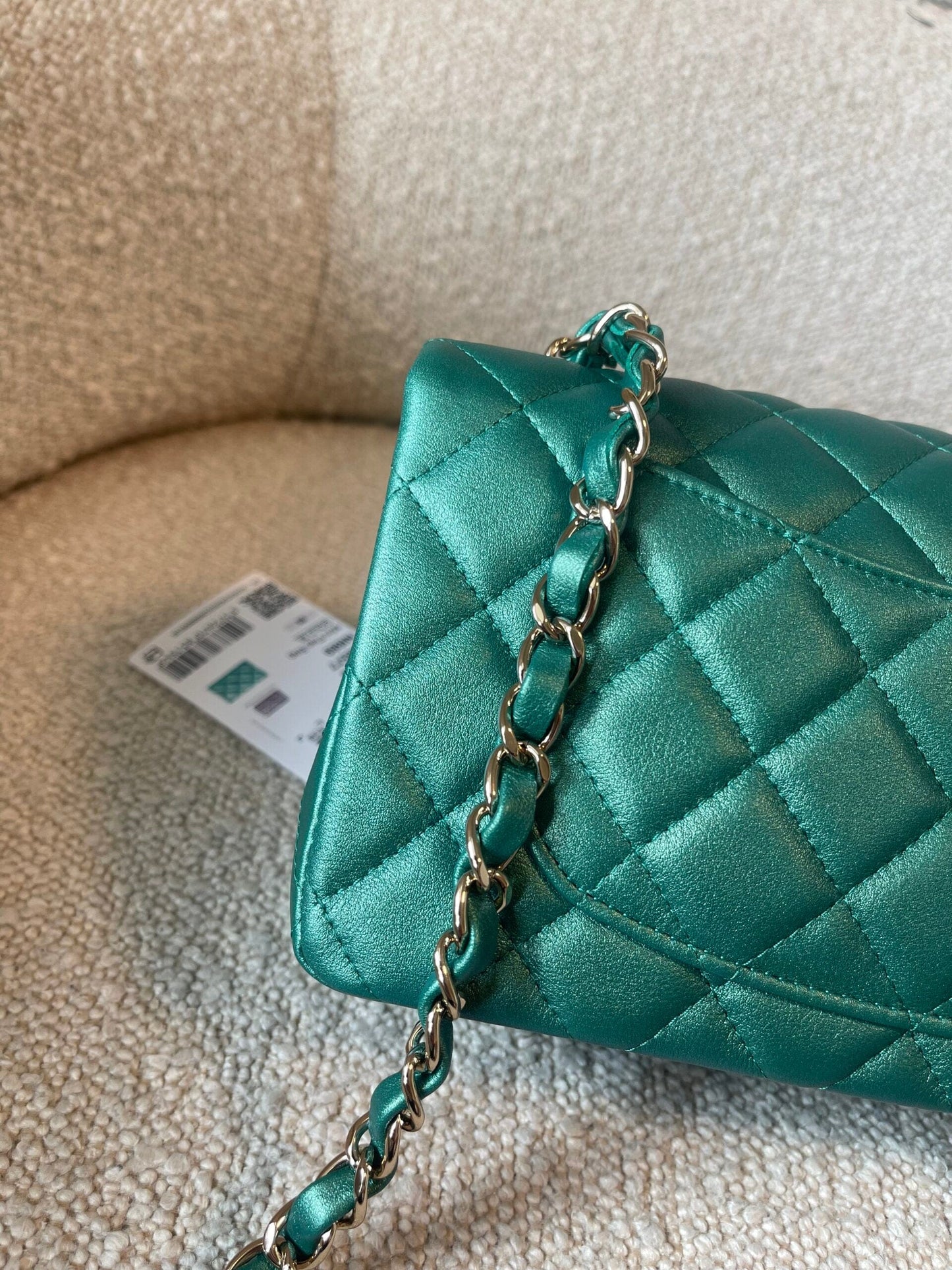 22A Mini Rectangular Iridescent Green Lambskin Quilted Single Flap LGHW