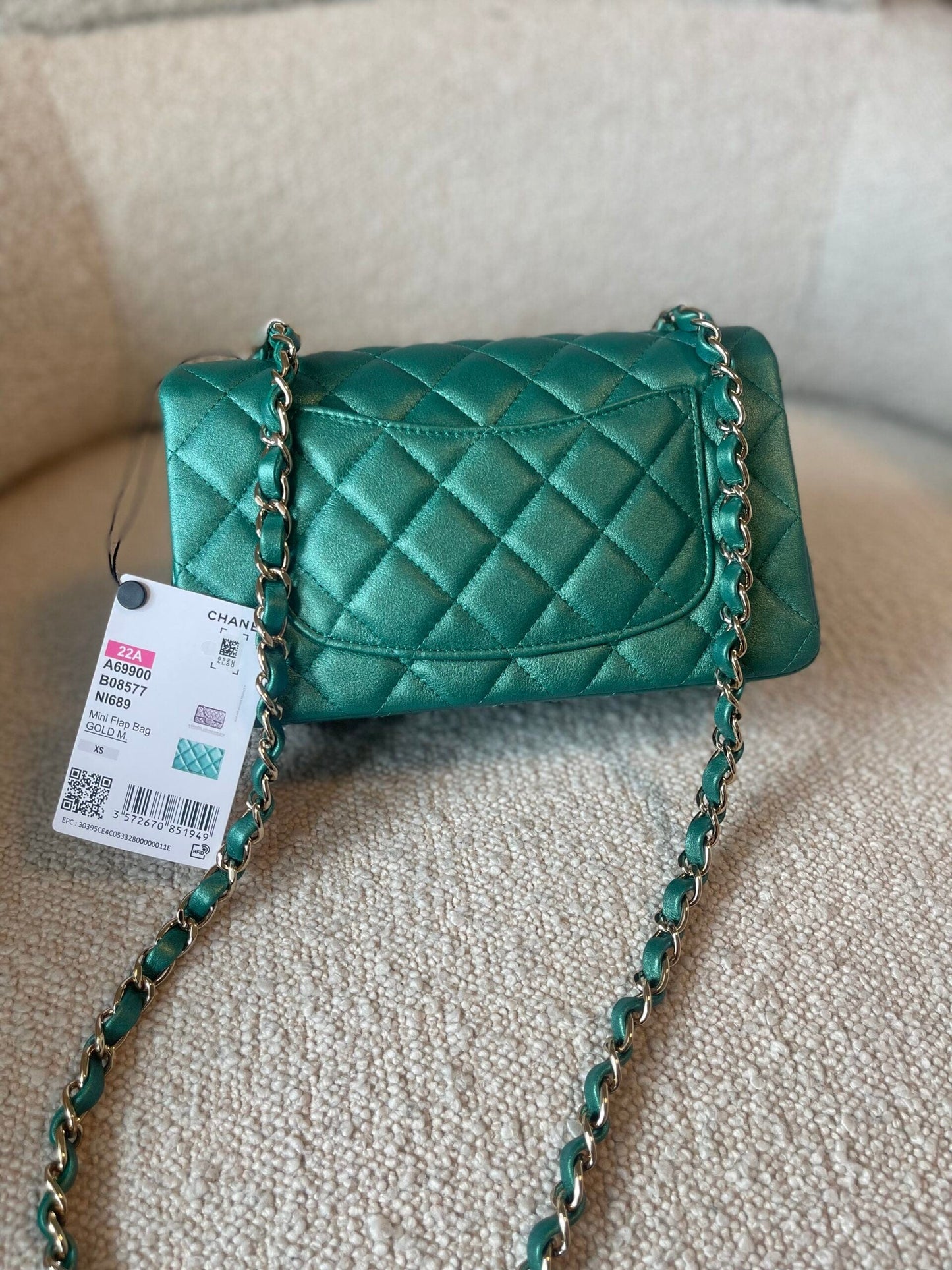 22A Mini Rectangular Iridescent Green Lambskin Quilted Single Flap LGHW