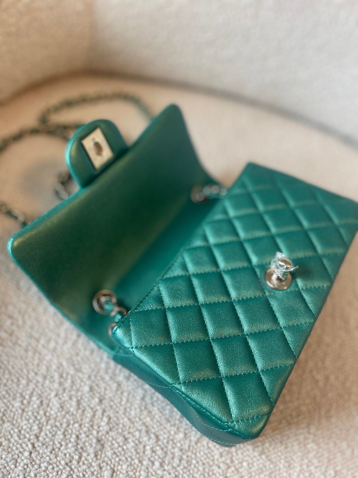 22A Mini Rectangular Iridescent Green Lambskin Quilted Single Flap LGHW