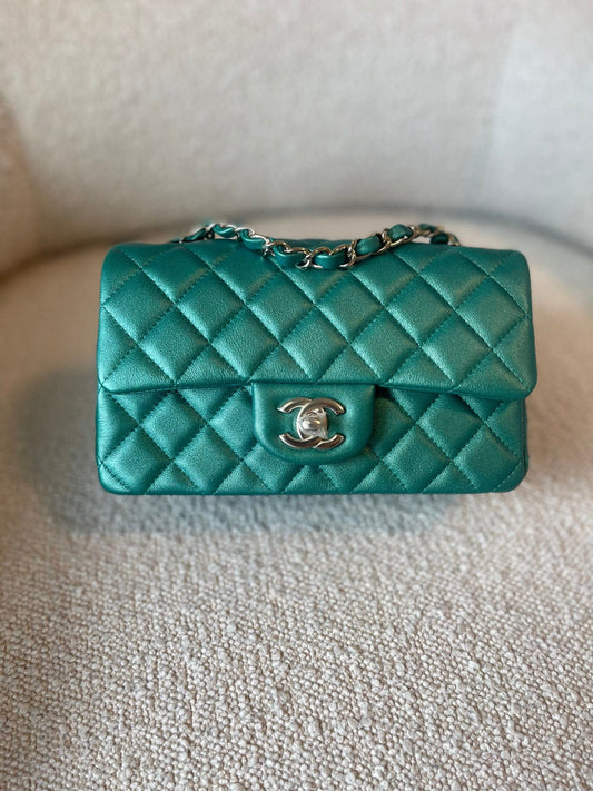 22A Mini Rectangular Iridescent Green Lambskin Quilted Single Flap LGHW
