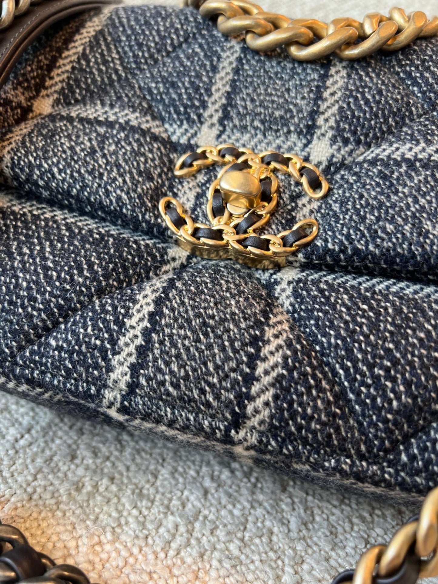 22A Navy Blue Ecru Tweed Quilted 19 Flap Small Mixed Hardware