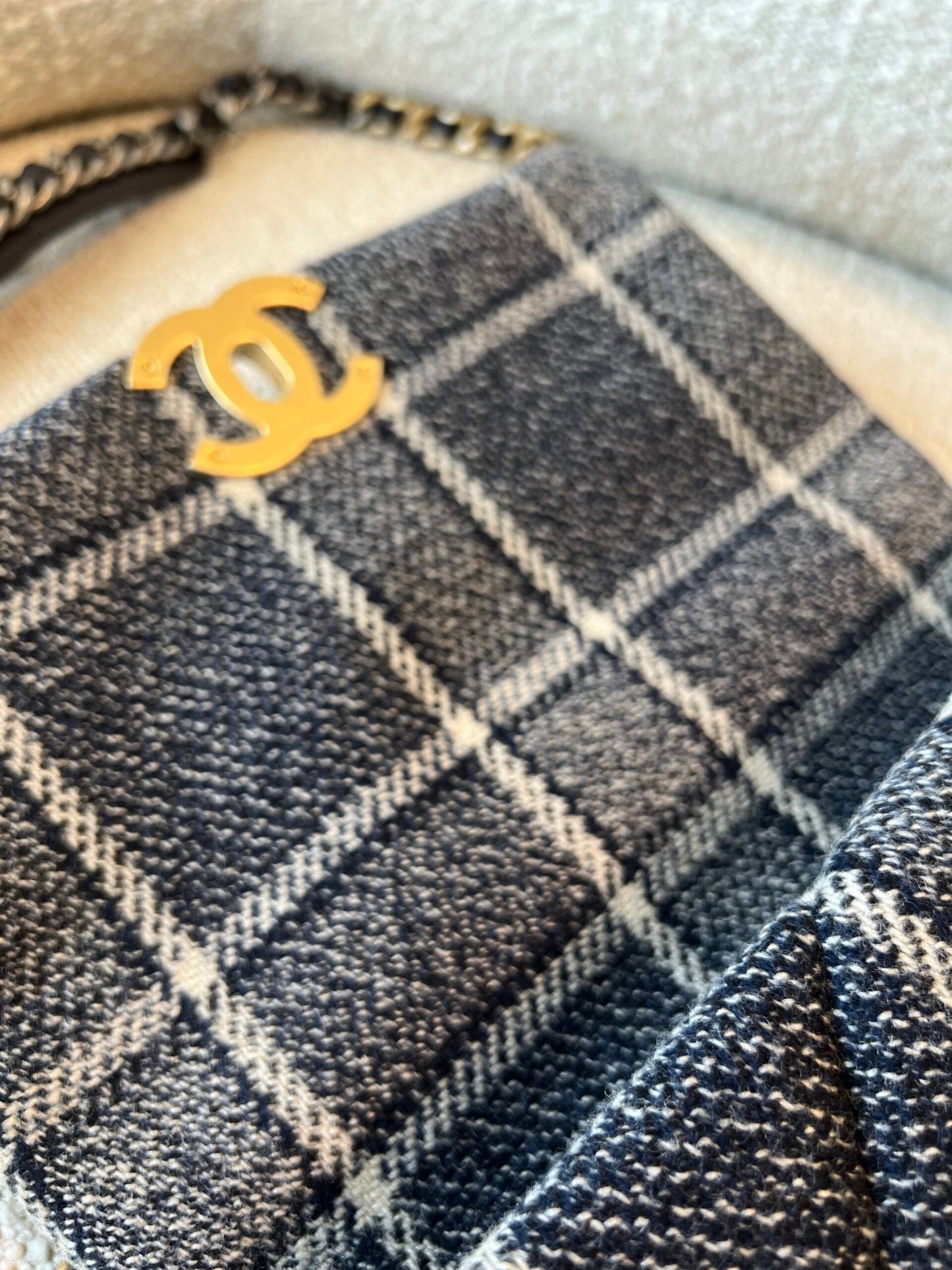 22A Navy Blue Ecru Tweed Quilted 19 Flap Small Mixed Hardware