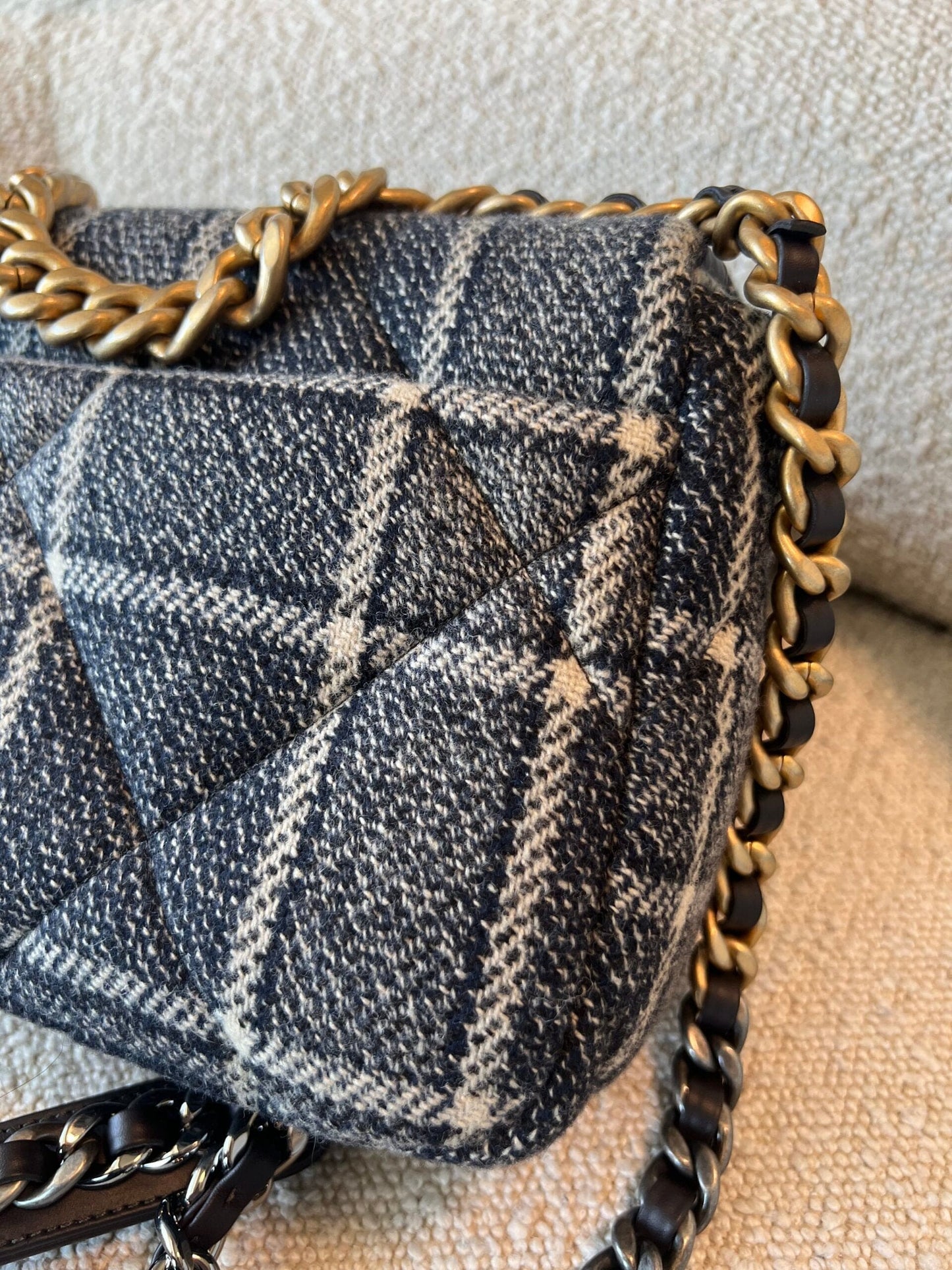 22A Navy Blue Ecru Tweed Quilted 19 Flap Small Mixed Hardware