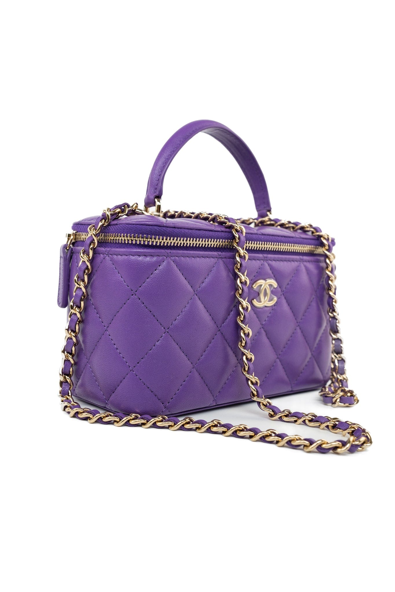 22A Purple Lambskin Quilted Vanity Case w/ Mirror Light Gold Hardware