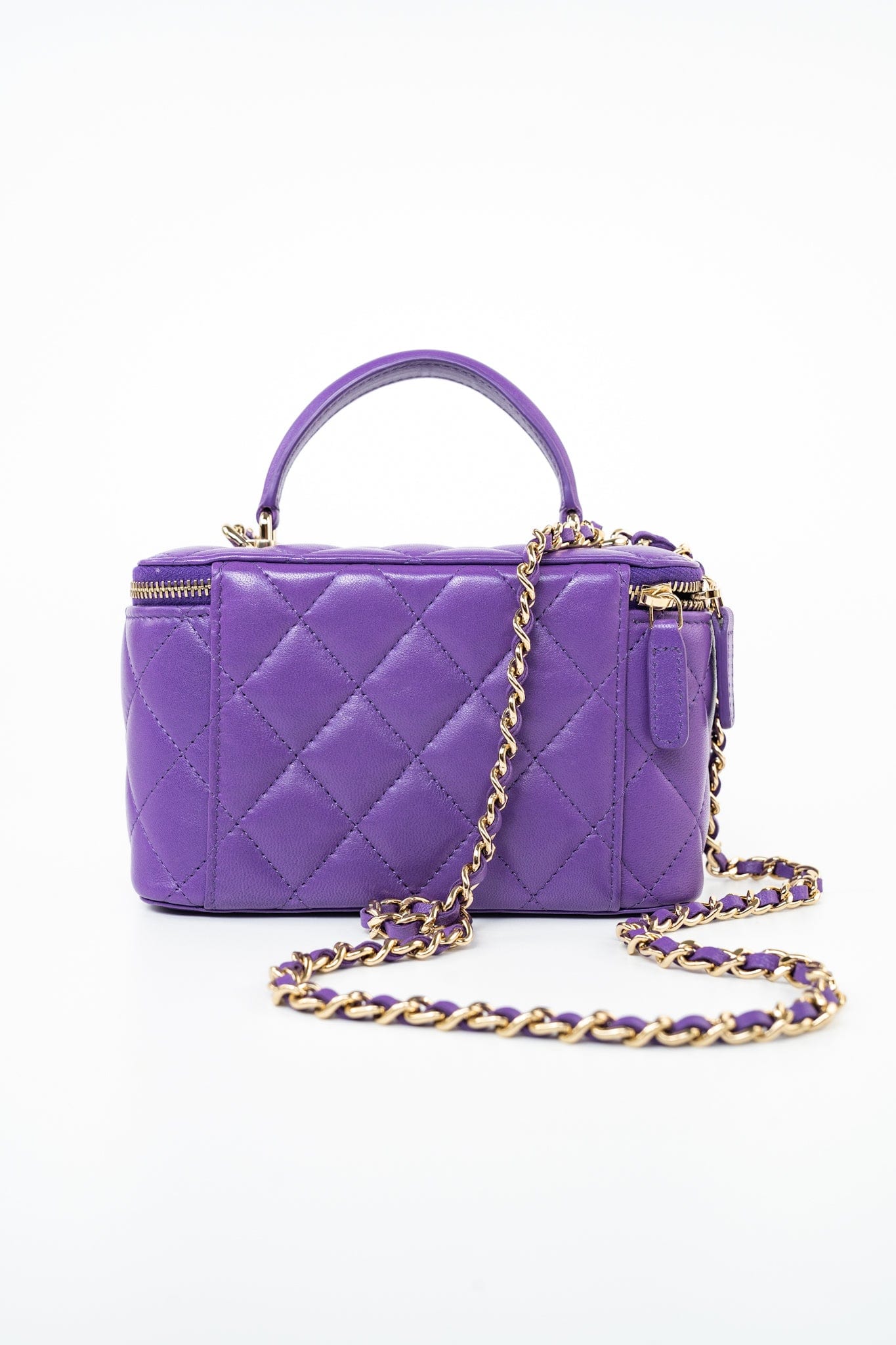 22A Purple Lambskin Quilted Vanity Case w/ Mirror Light Gold Hardware