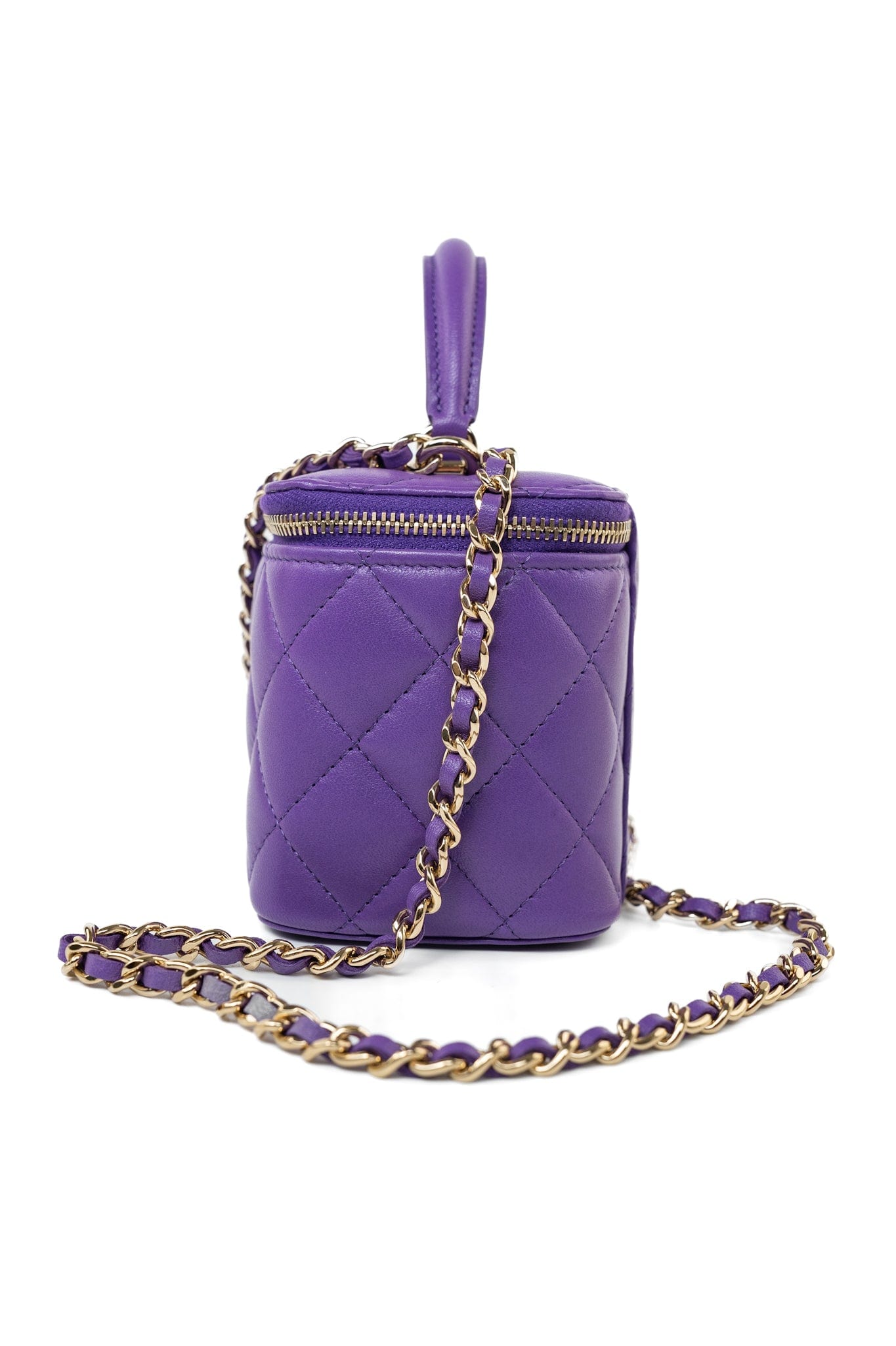 22A Purple Lambskin Quilted Vanity Case w/ Mirror Light Gold Hardware