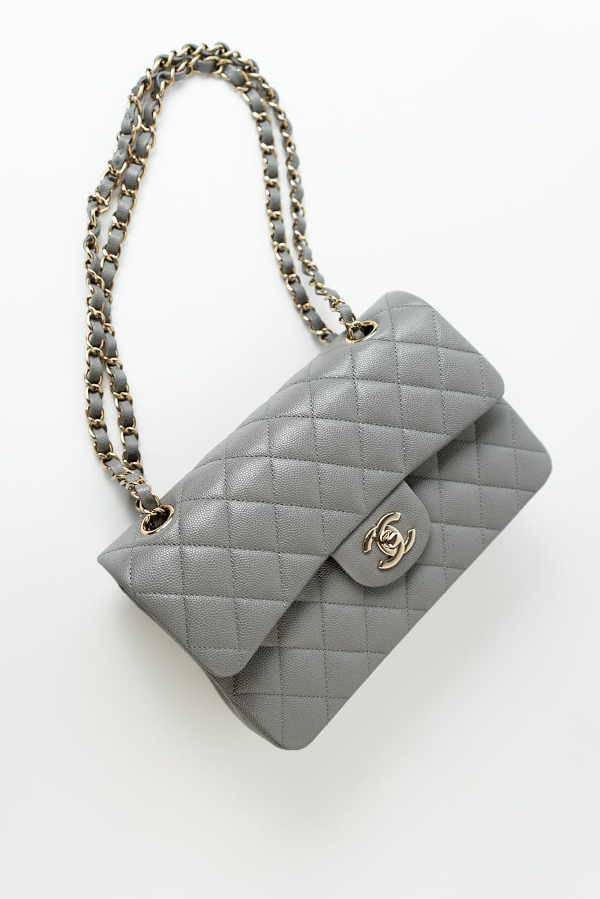 22B Grey Caviar Quilted Classic Flap Small Light Gold Hardware