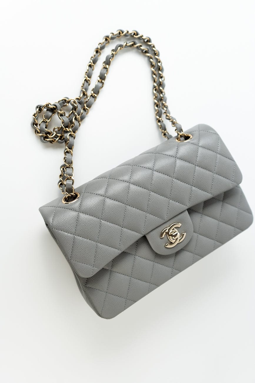 22B Grey Caviar Quilted Classic Flap Small Light Gold Hardware