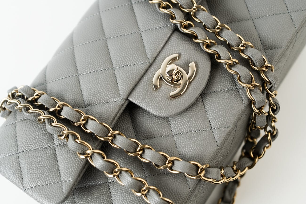 22B Grey Caviar Quilted Classic Flap Small Light Gold Hardware