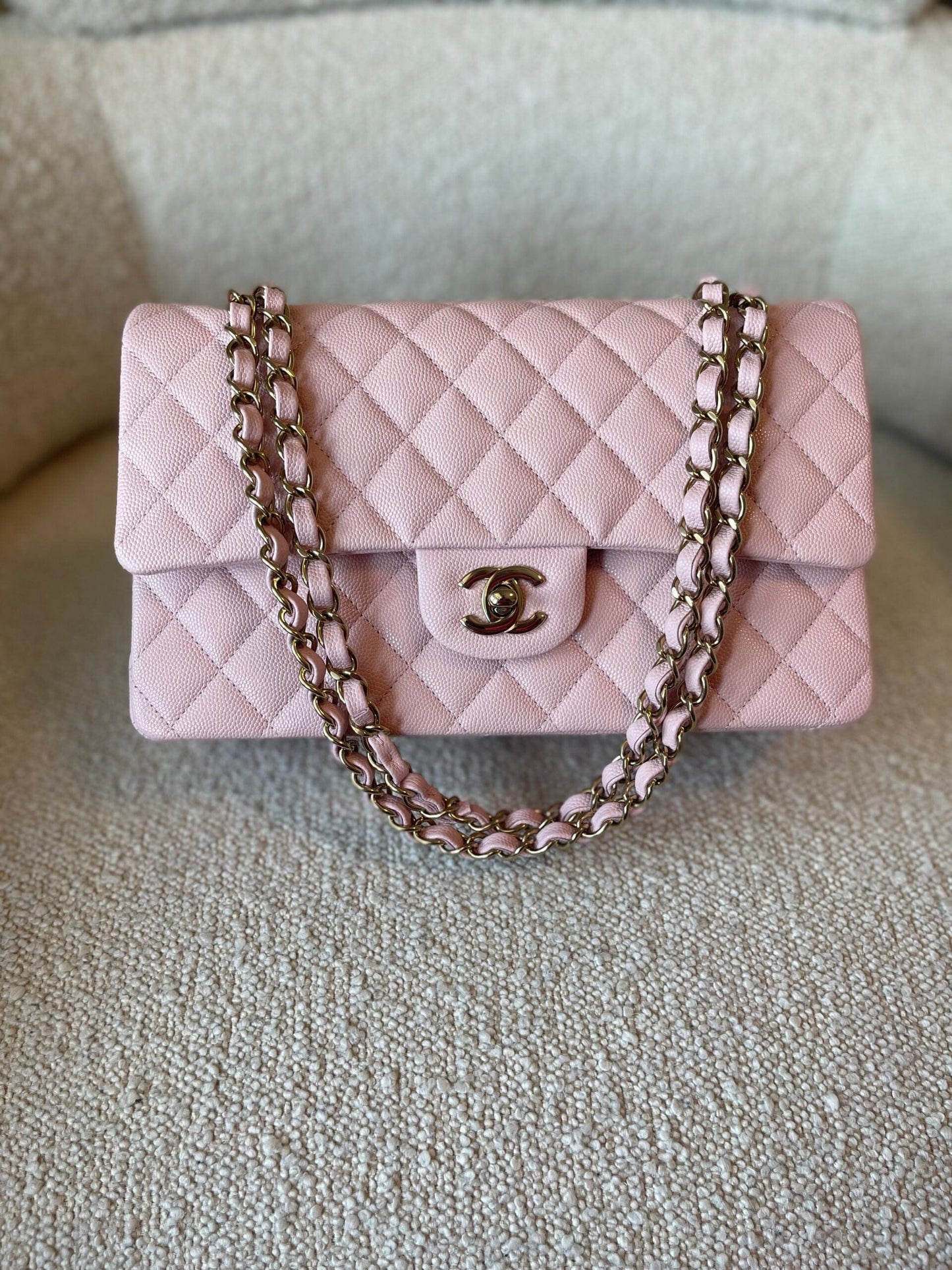 22B Rose Claire/ light pink Caviar Quilted Classic Double Flap Medium Light Gold Hardware