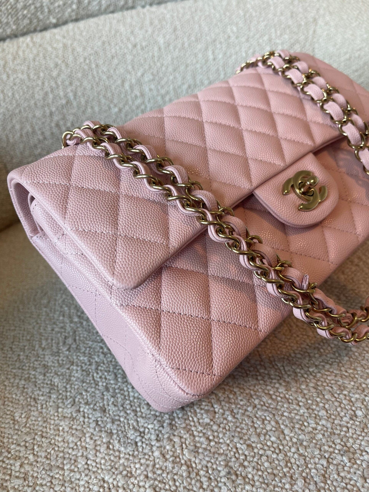 22B Rose Claire/ light pink Caviar Quilted Classic Double Flap Medium Light Gold Hardware