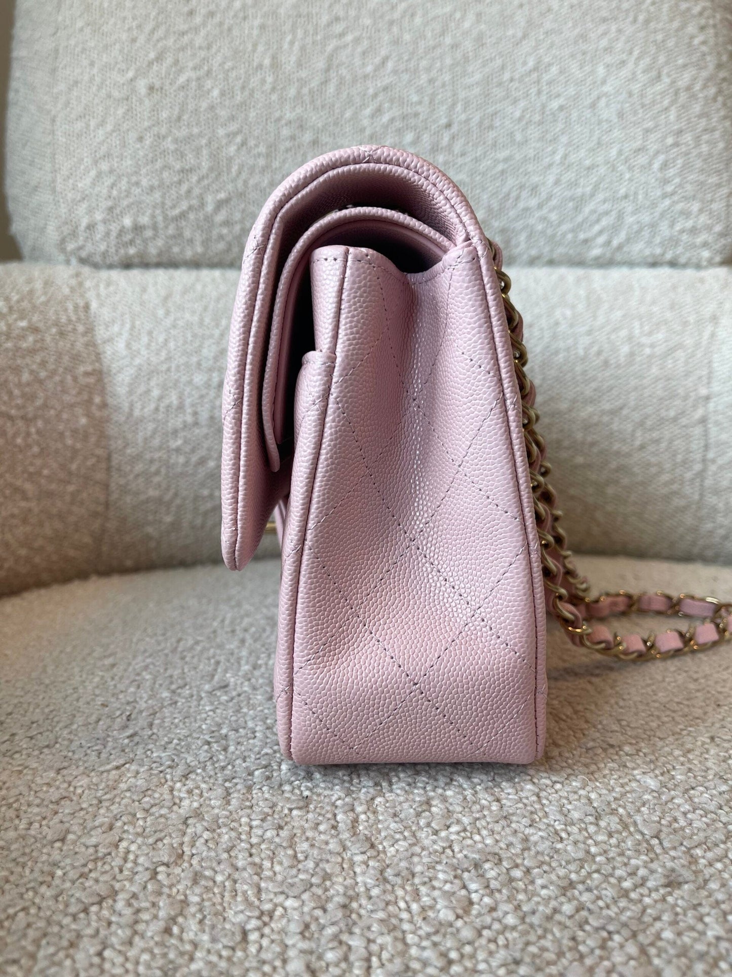 22B Rose Claire/ light pink Caviar Quilted Classic Double Flap Medium Light Gold Hardware