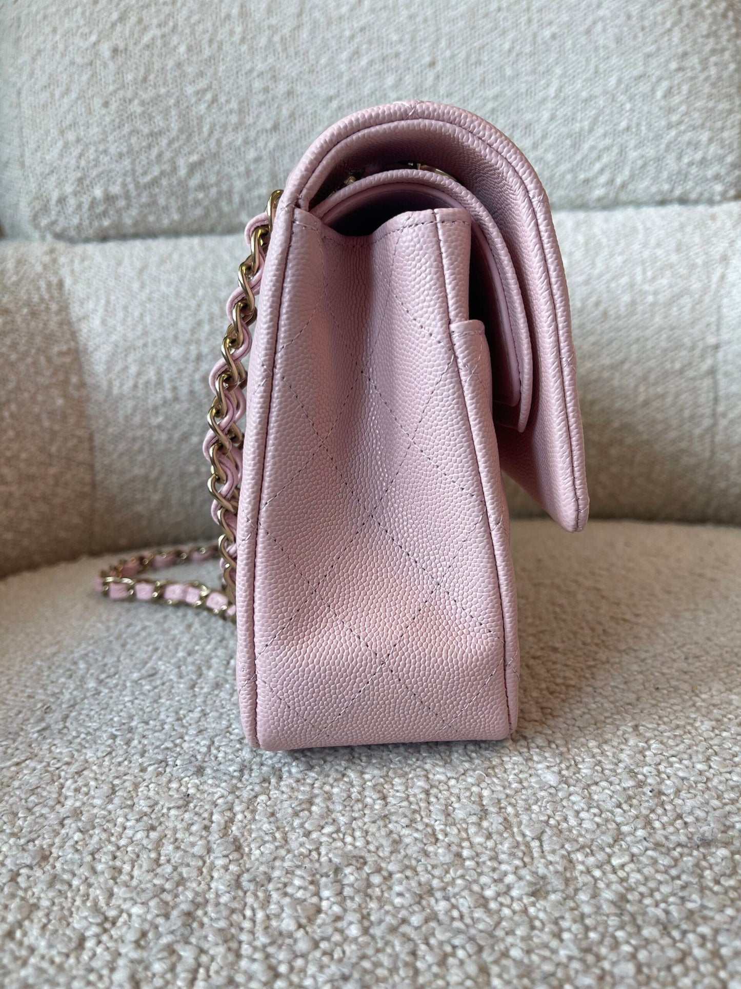 22B Rose Claire/ light pink Caviar Quilted Classic Double Flap Medium Light Gold Hardware