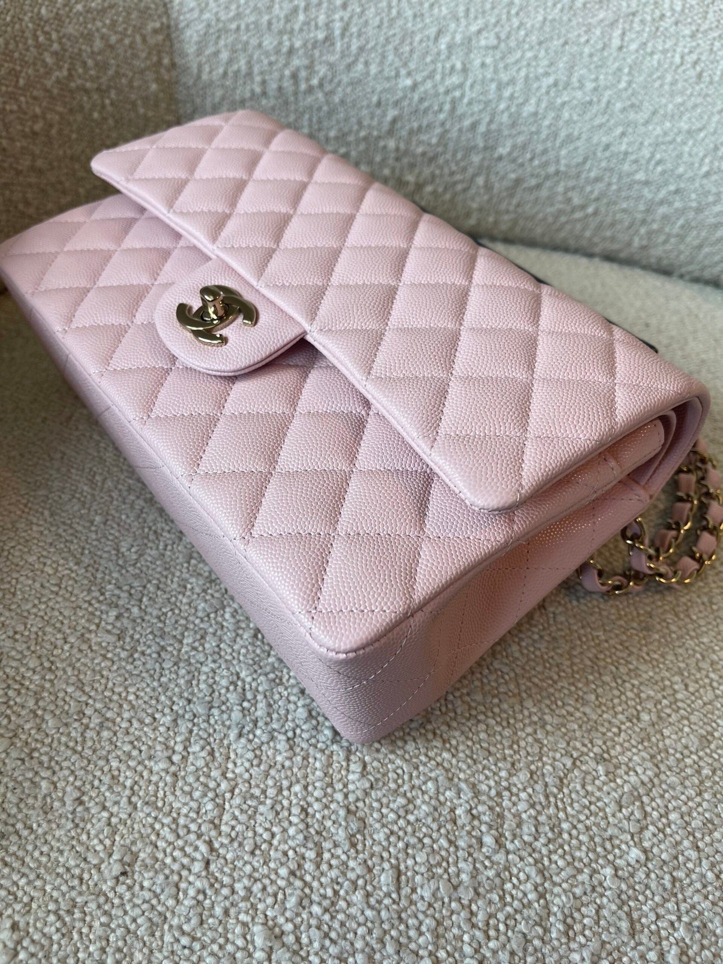 22B Rose Claire/ light pink Caviar Quilted Classic Double Flap Medium Light Gold Hardware