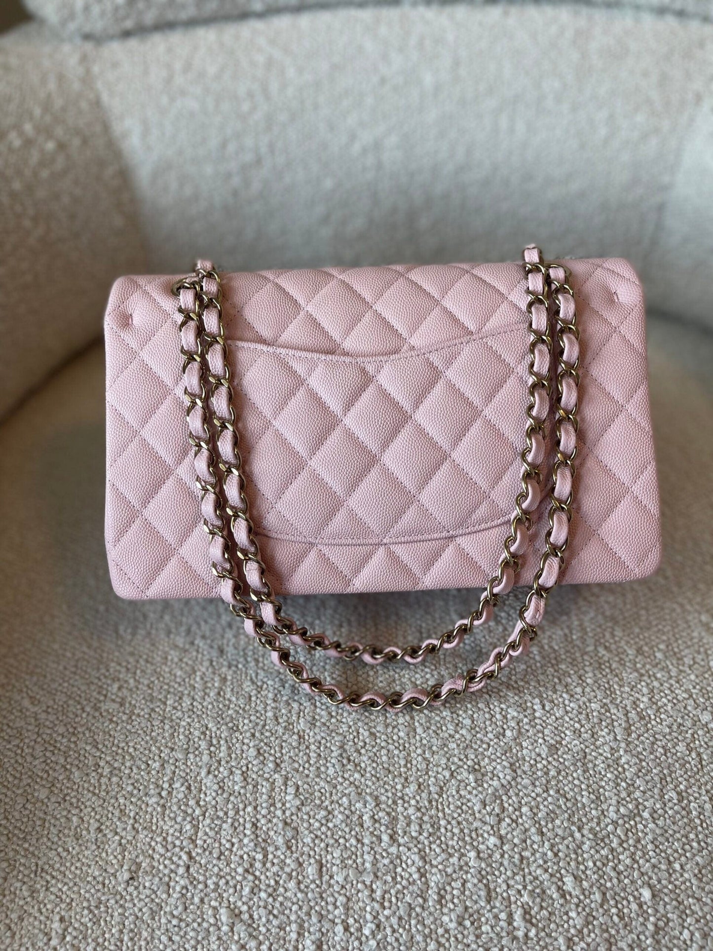 22B Rose Claire/ light pink Caviar Quilted Classic Double Flap Medium Light Gold Hardware