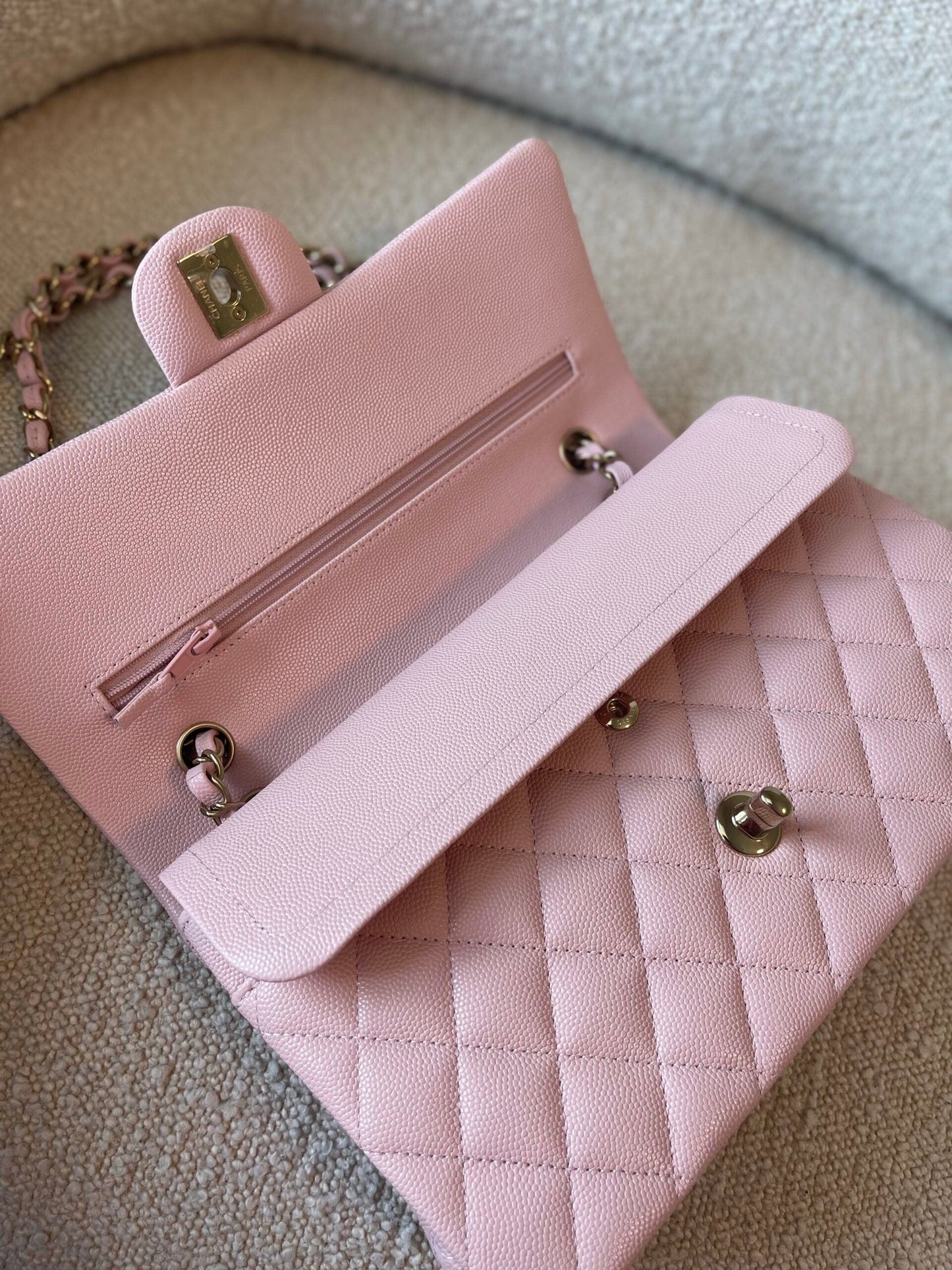22B Rose Claire/ light pink Caviar Quilted Classic Double Flap Medium Light Gold Hardware