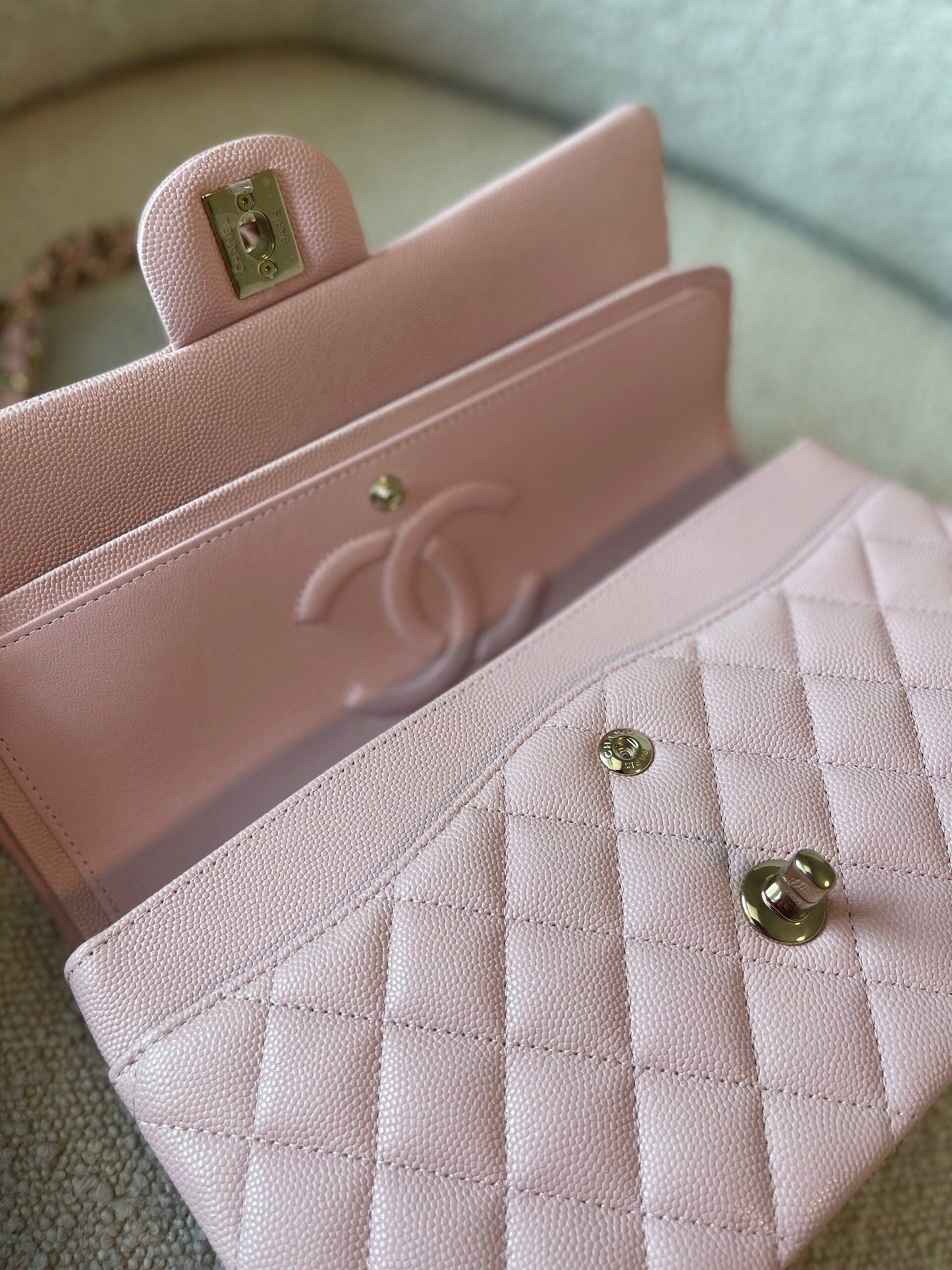 22B Rose Claire/ light pink Caviar Quilted Classic Double Flap Medium Light Gold Hardware