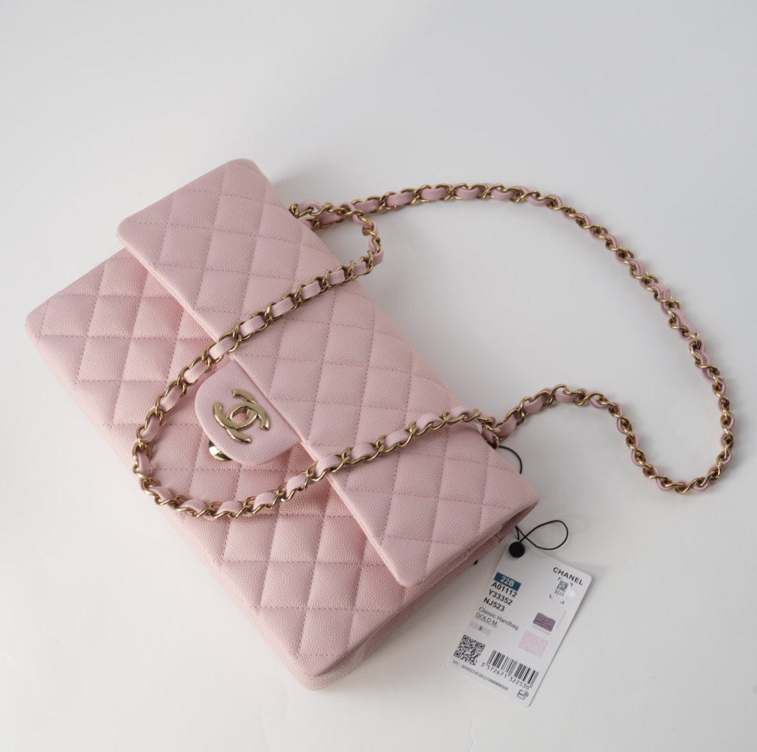22B Rose Claire/ light pink Caviar Quilted Classic Double Flap Medium Light Gold Hardware