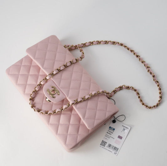 22B Rose Claire/ light pink Caviar Quilted Classic Double Flap Medium Light Gold Hardware