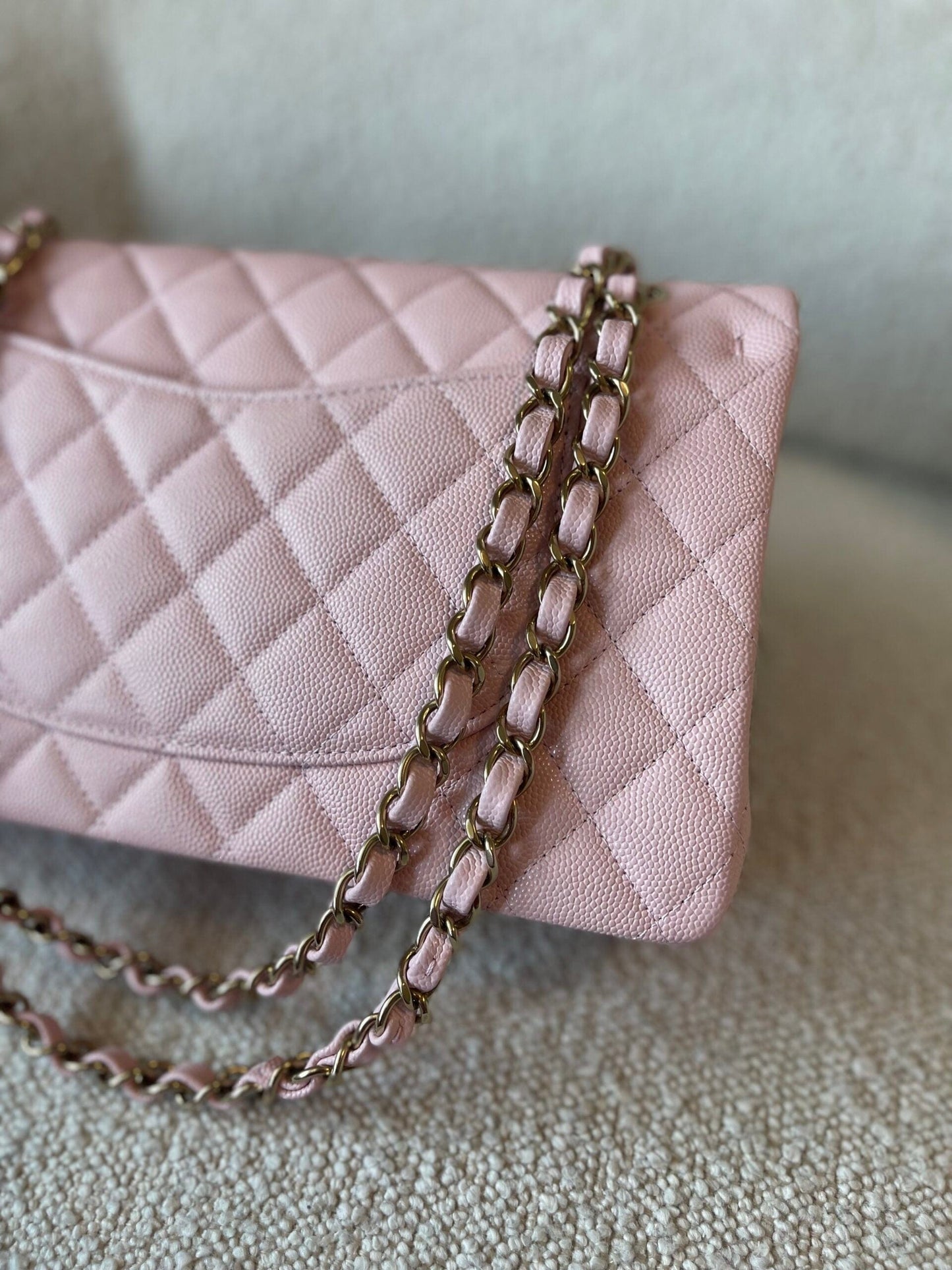 22B Rose Claire/ light pink Caviar Quilted Classic Double Flap Medium Light Gold Hardware