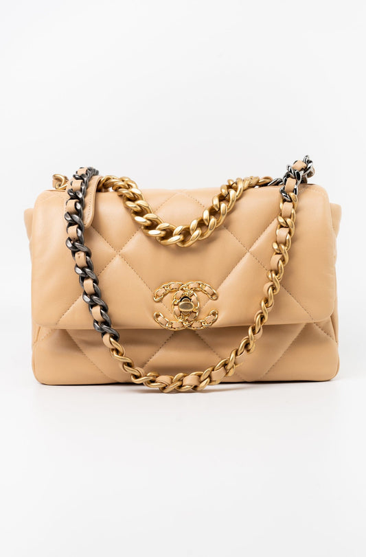 22C Beige Lambskin Quilted 19 Flap Small Mixed Hardware