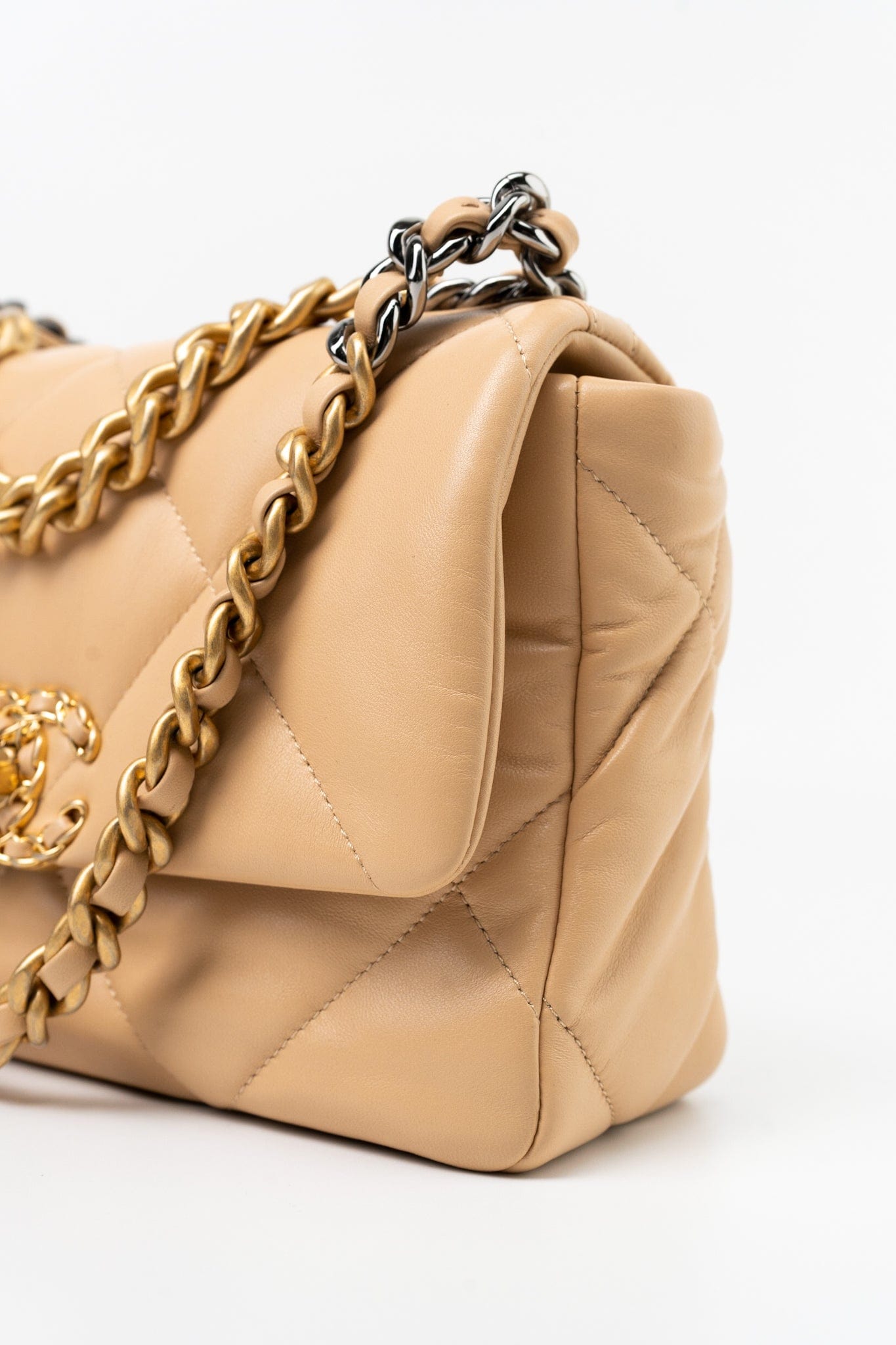 22C Beige Lambskin Quilted 19 Flap Small Mixed Hardware