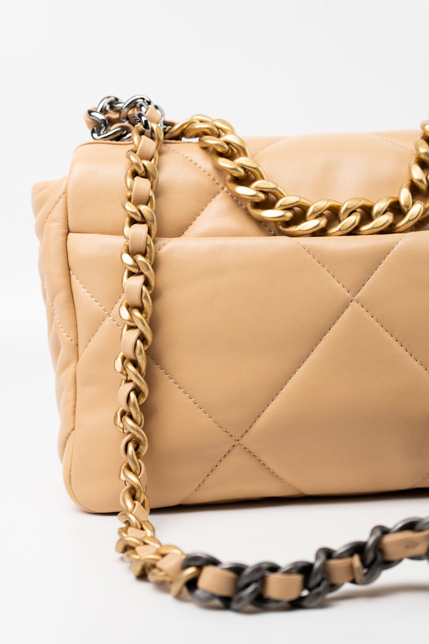 22C Beige Lambskin Quilted 19 Flap Small Mixed Hardware