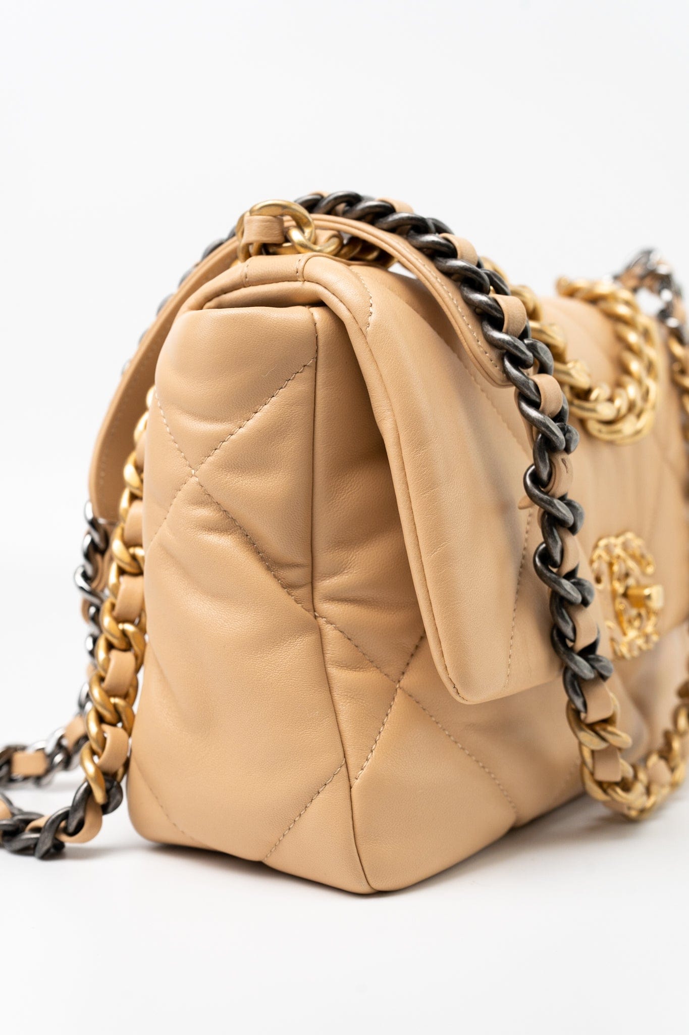 22C Beige Lambskin Quilted 19 Flap Small Mixed Hardware