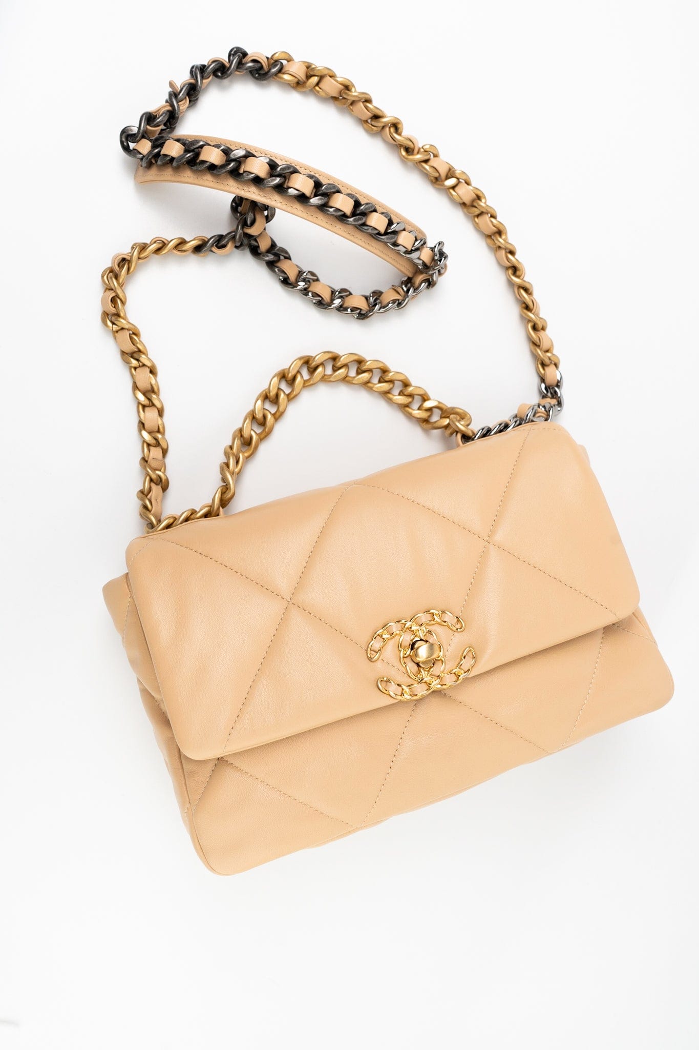 22C Beige Lambskin Quilted 19 Flap Small Mixed Hardware