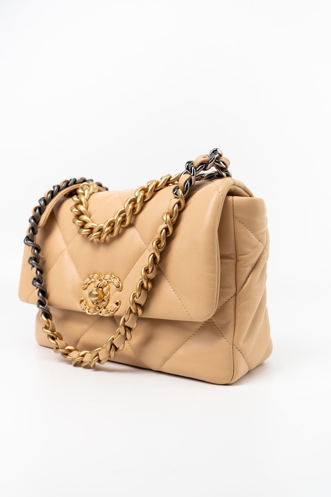 22C Beige Lambskin Quilted 19 Flap Small Mixed Hardware