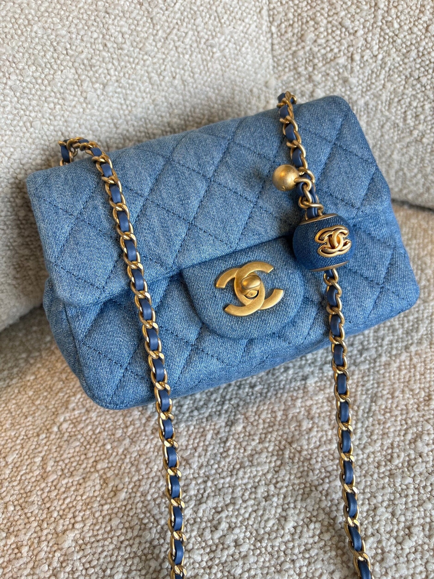 22C Blue Denim Pearl Crush Square Mini Flap AGHW