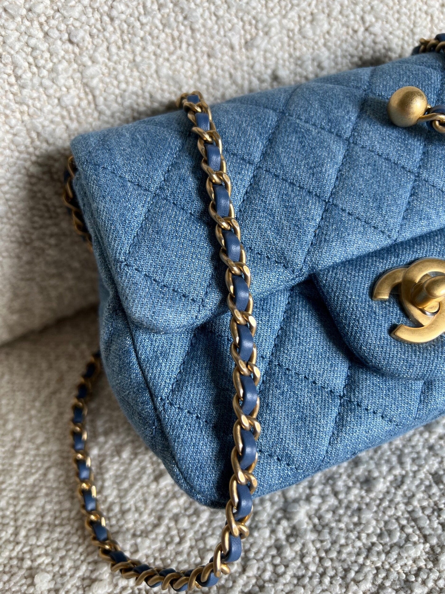22C Blue Denim Pearl Crush Square Mini Flap AGHW