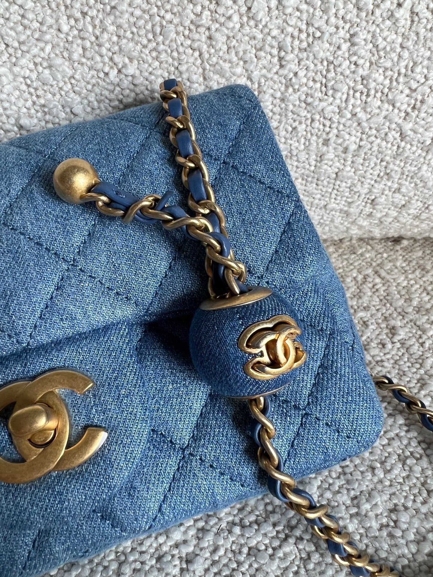 22C Blue Denim Pearl Crush Square Mini Flap AGHW