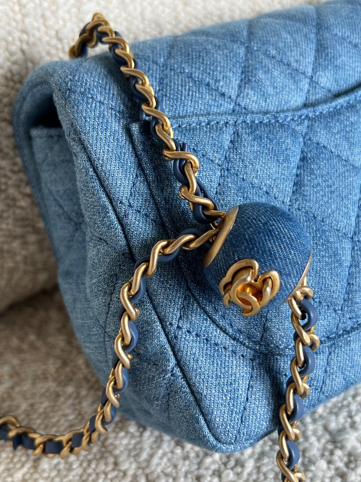 22C Blue Denim Pearl Crush Square Mini Flap AGHW