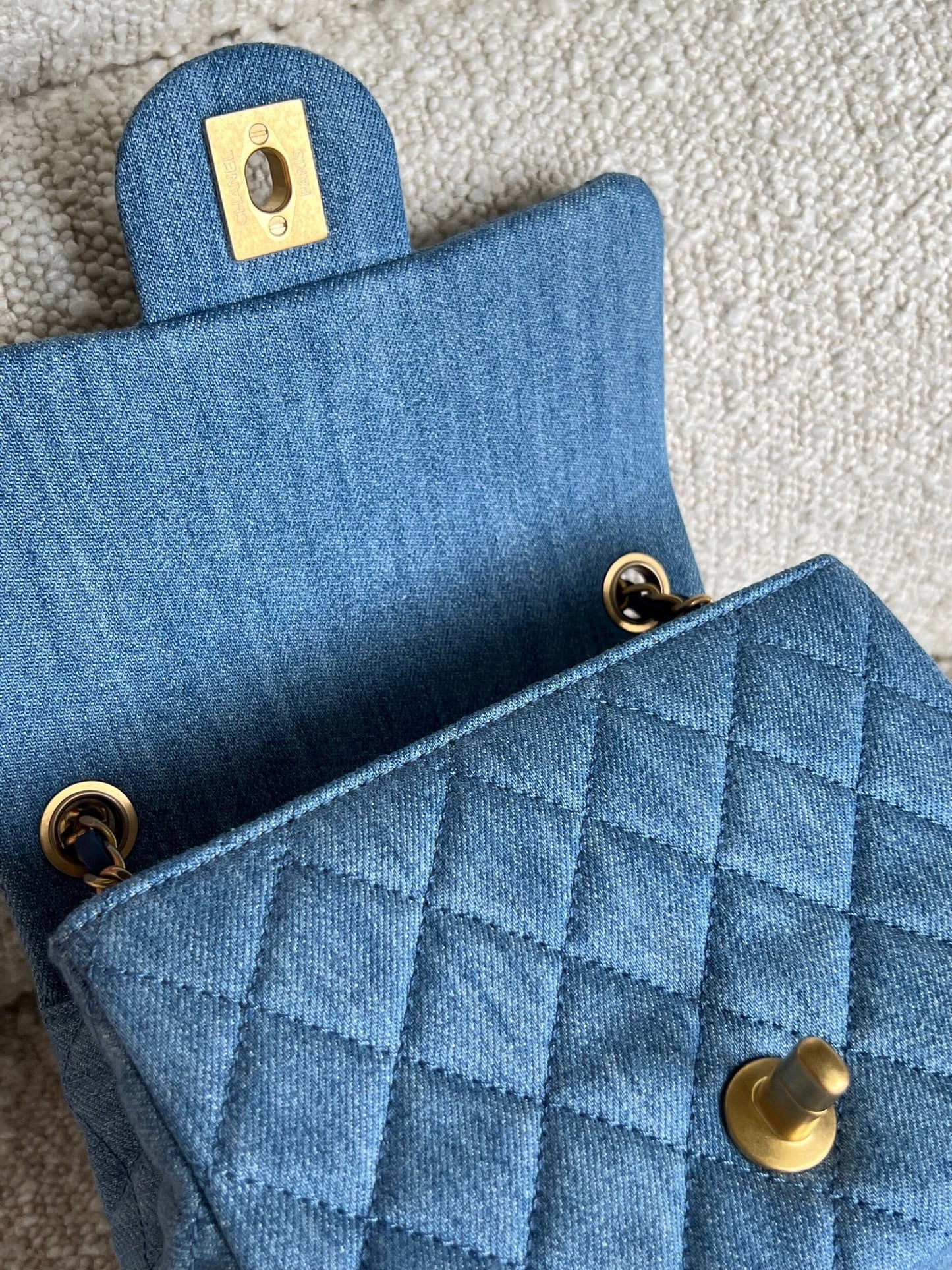 22C Blue Denim Pearl Crush Square Mini Flap AGHW
