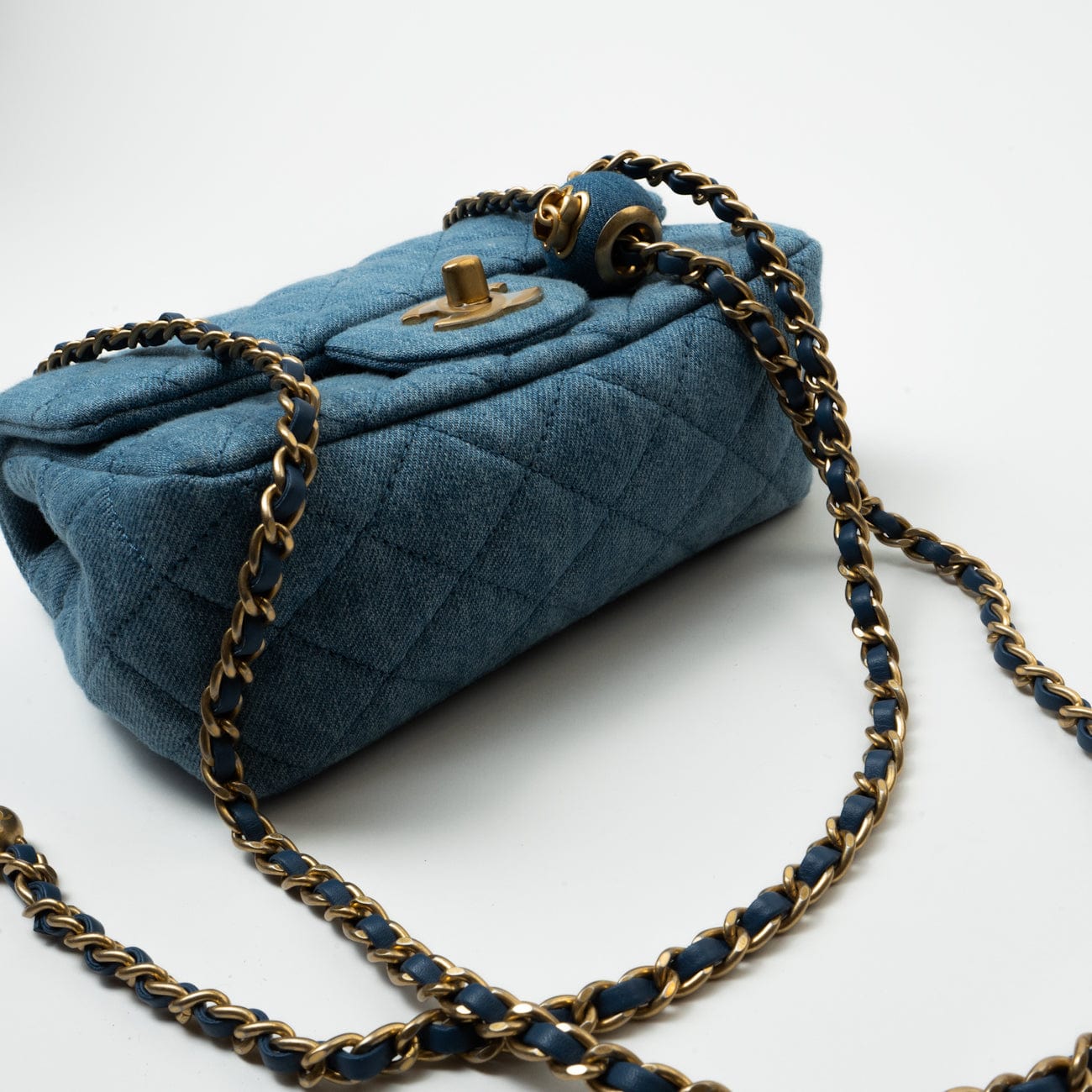 22C Blue Denim Pearl Crush Square Mini Flap AGHW