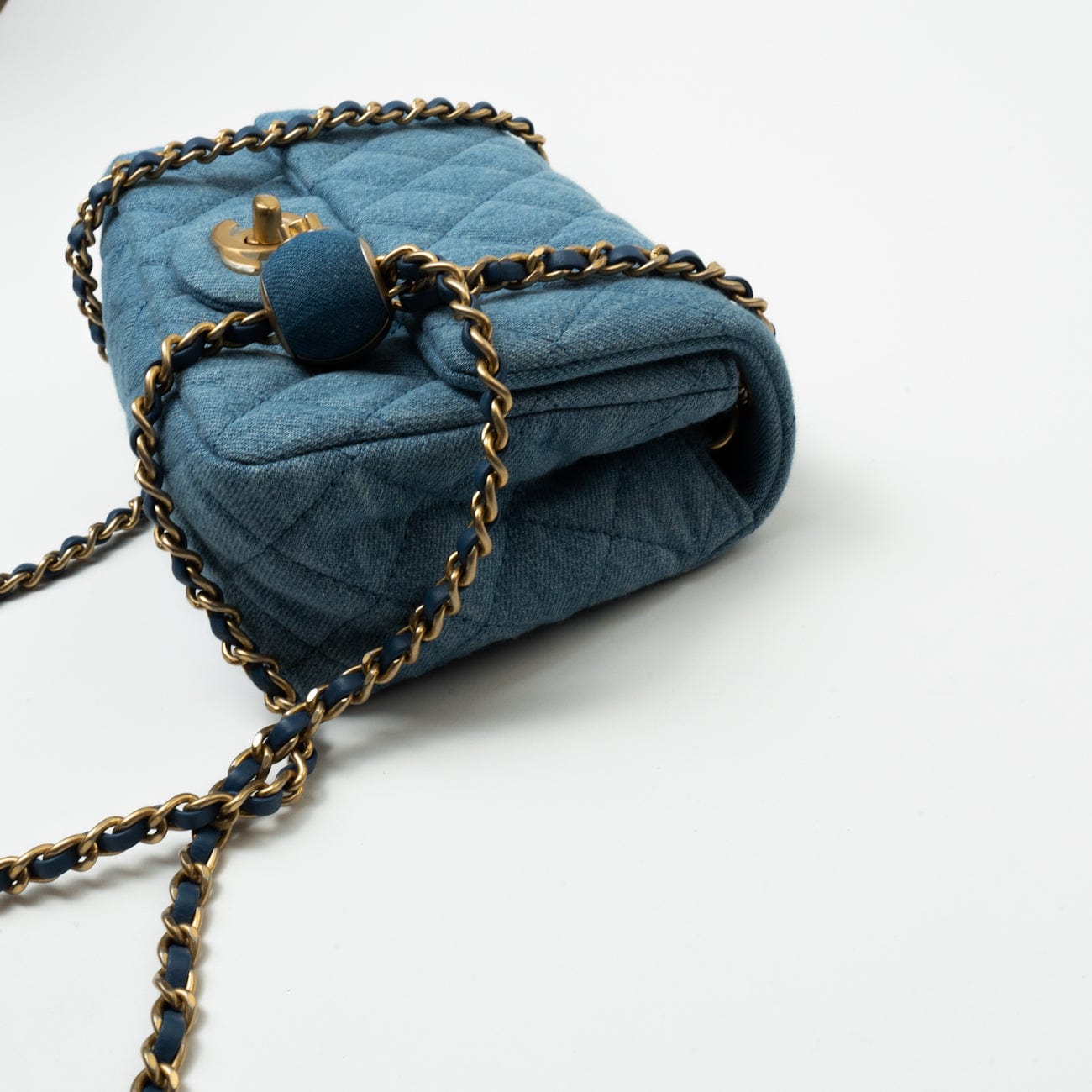 22C Blue Denim Pearl Crush Square Mini Flap AGHW