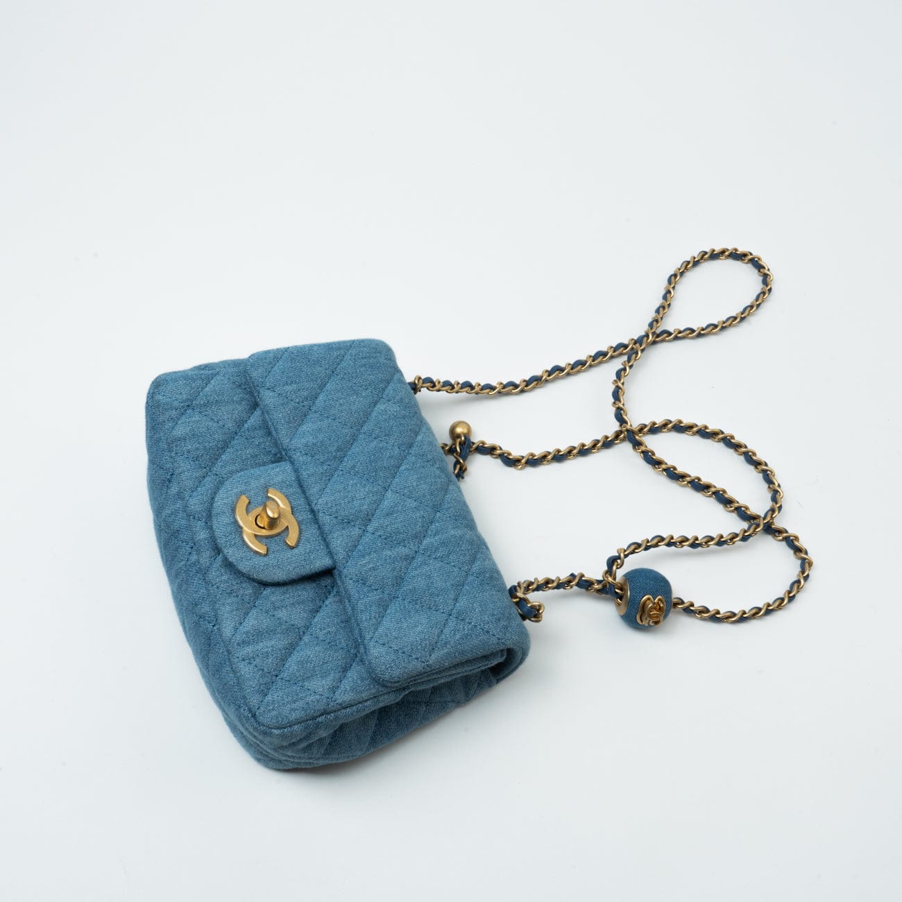 22C Blue Denim Pearl Crush Square Mini Flap AGHW