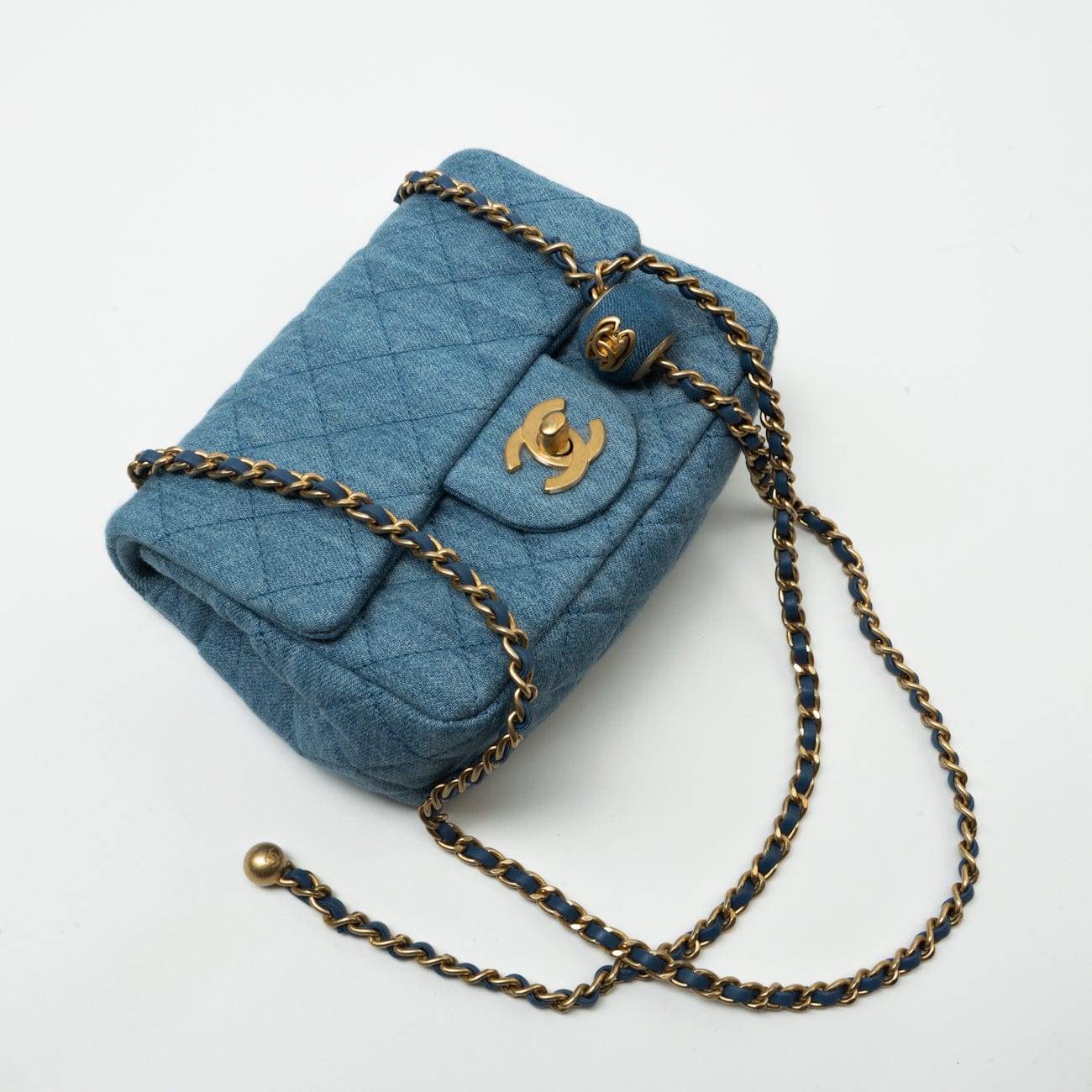 22C Blue Denim Pearl Crush Square Mini Flap AGHW