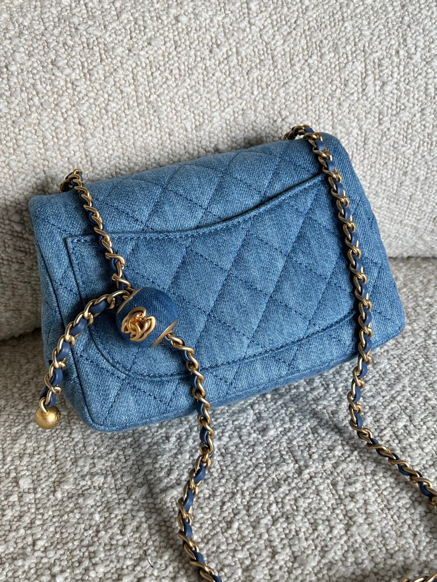 22C Blue Denim Pearl Crush Square Mini Flap AGHW