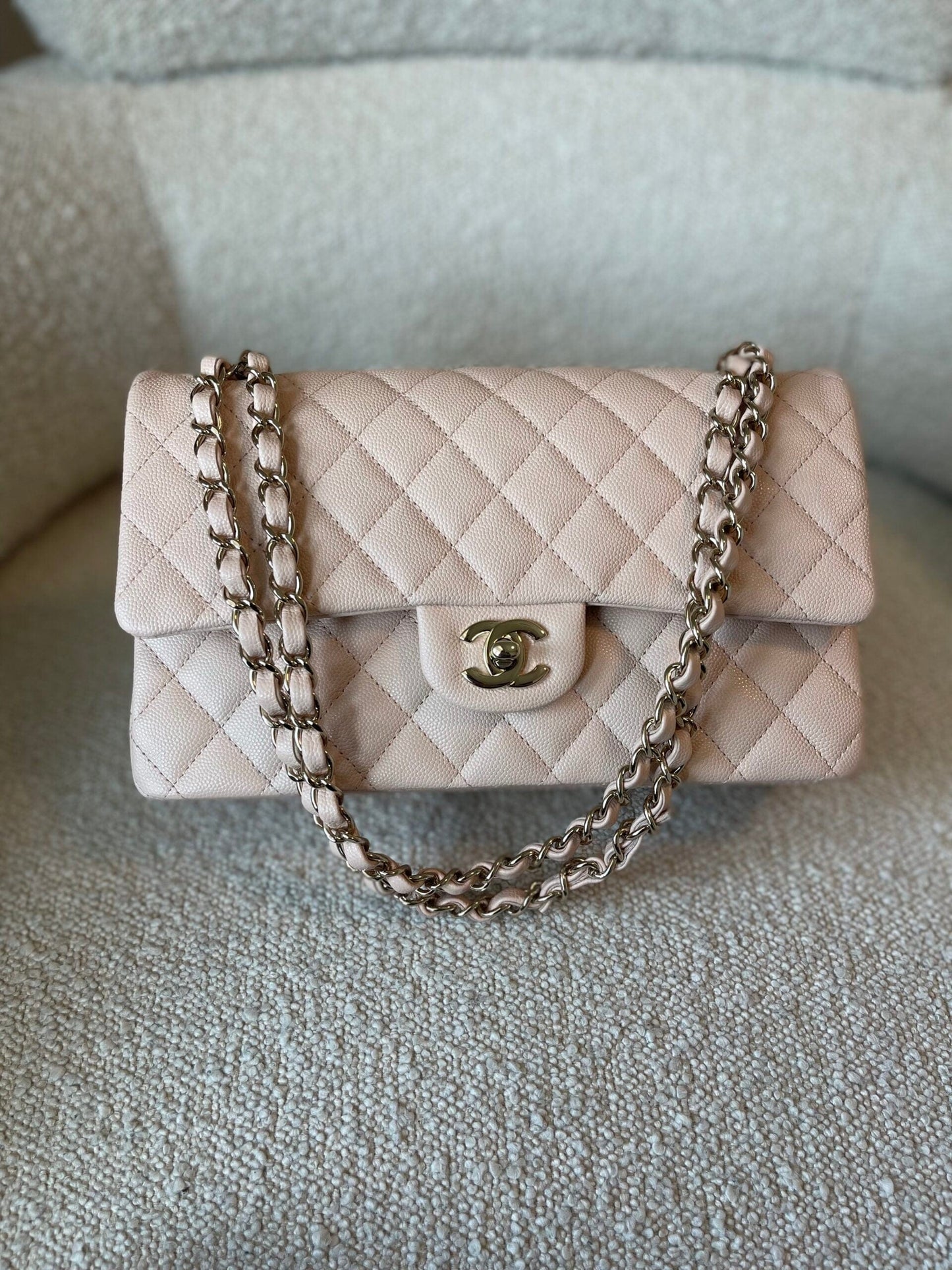 22C Light Beige Caviar Quilted Classic Flap Medium LGHW