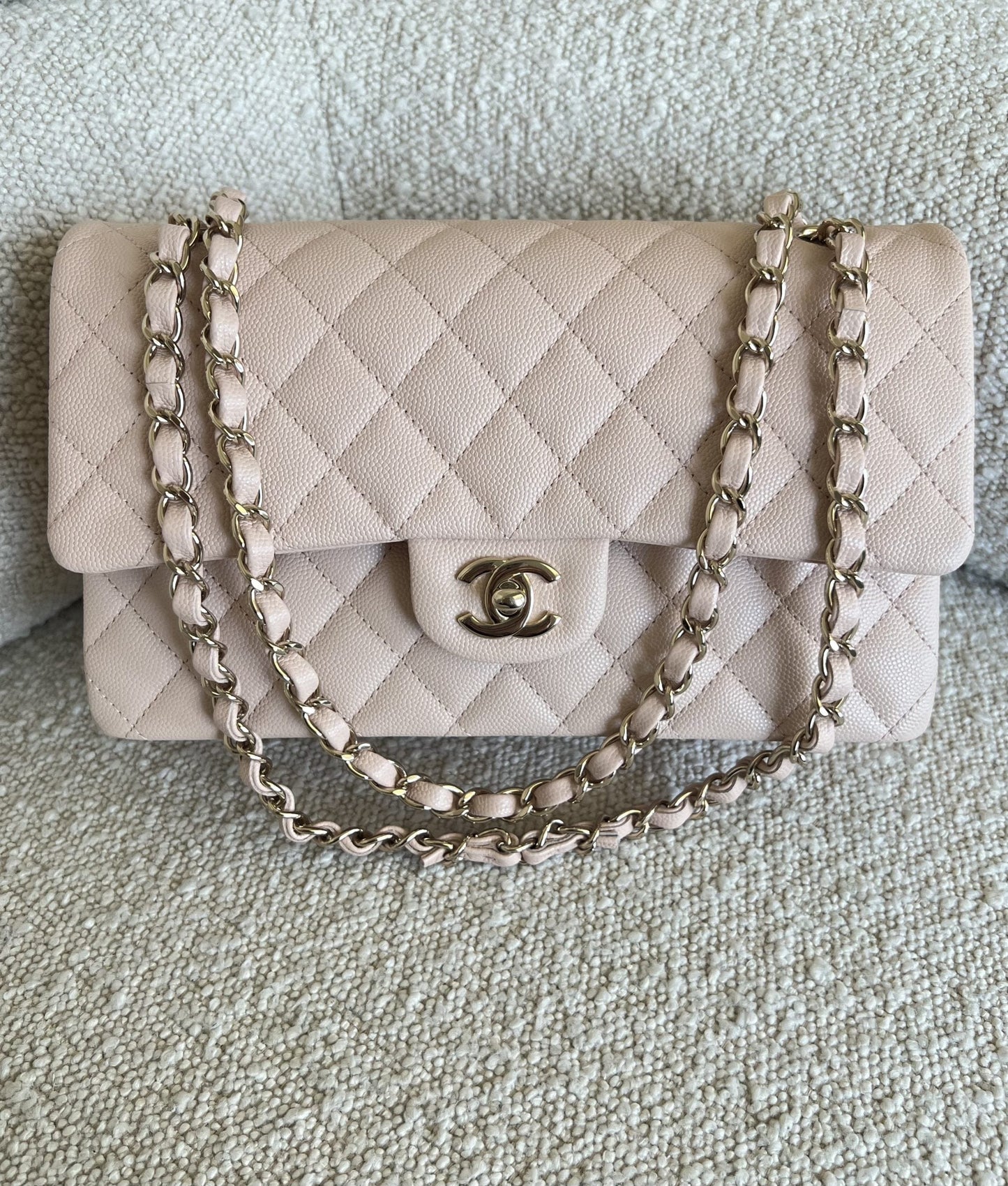 22C Light Beige Caviar Quilted Classic Flap Medium LGHW
