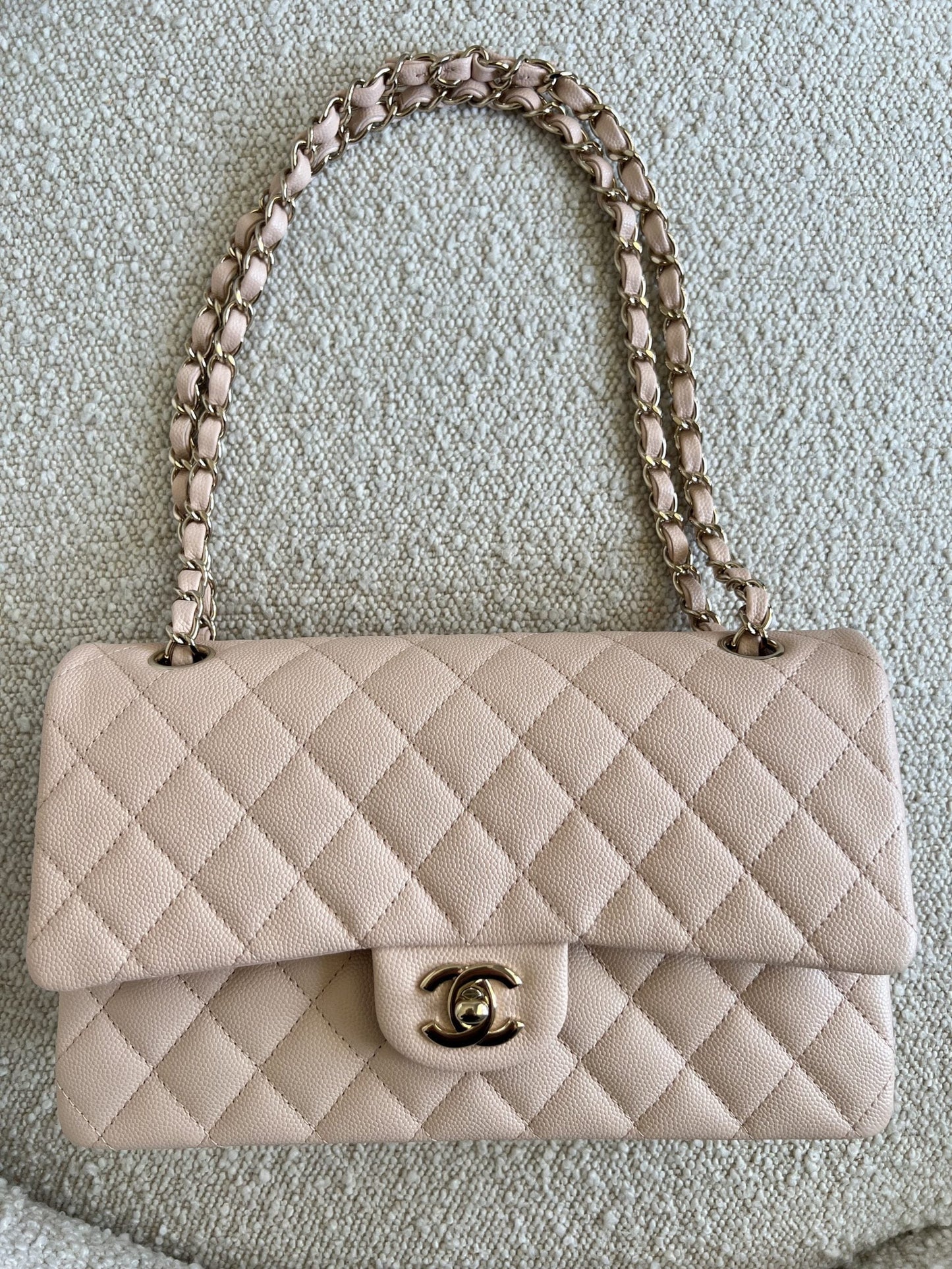 22C Light Beige Caviar Quilted Classic Flap Medium LGHW